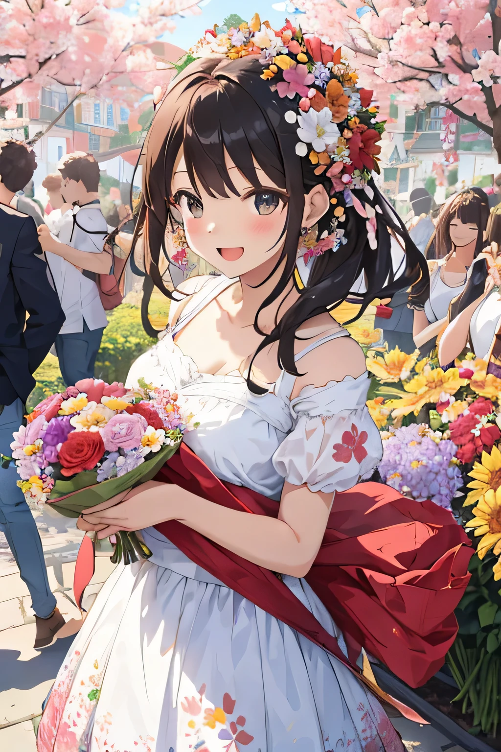 Generate a scene featuring a girl surrounded by vibrant celebration flowers, each bloom exuding joy and exuberance. Envision her amidst a colorful array of blossoms, her expression radiant and filled with delight as she embraces the festive atmosphere. Whether she's holding a bouquet of flowers or dancing among floral decorations, capture the essence of her joyful celebration and the beauty of the blooming flowers that adorn her surroundings