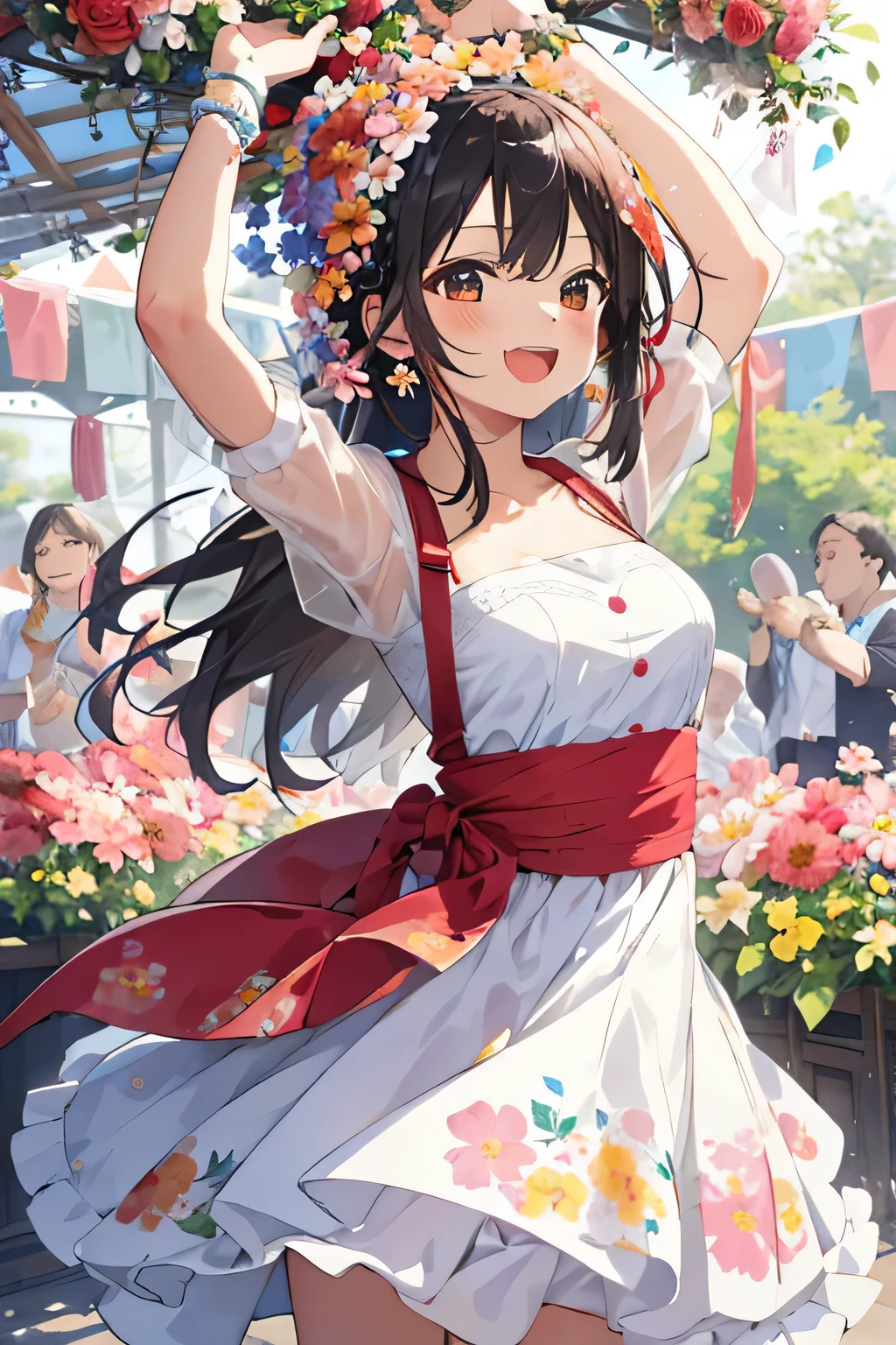 Generate a scene featuring a girl surrounded by vibrant celebration flowers, each bloom exuding joy and exuberance. Envision her amidst a colorful array of blossoms, her expression radiant and filled with delight as she embraces the festive atmosphere. Whether she's holding a bouquet of flowers or dancing among floral decorations, capture the essence of her joyful celebration and the beauty of the blooming flowers that adorn her surroundings