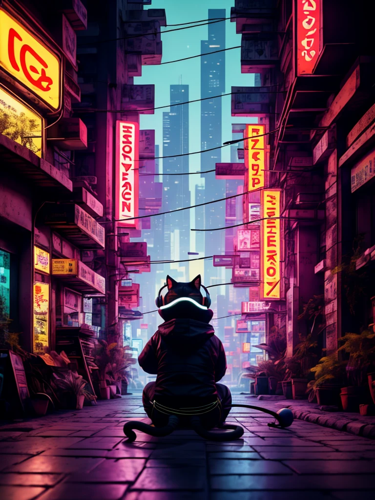 An anthropomorphic cat with headphones and a jacket is sitting in the middle of a road, Cyberpunk and post-Soviet modernism-themed style. Close view, neon lights., Pop art, Pixar, Three-sided view, UHD, anatomicamente correto, pele texturizada, super detalhe, alta qualidade, 4K