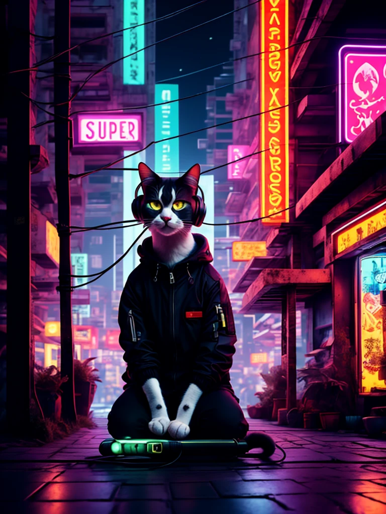 An anthropomorphic cat with headphones and a jacket is sitting in the middle of a road, Cyberpunk and post-Soviet modernism-themed style. Close view, neon lights., Pop art, Pixar, Three-sided view, UHD, anatomicamente correto, pele texturizada, super detalhe, alta qualidade, 4K