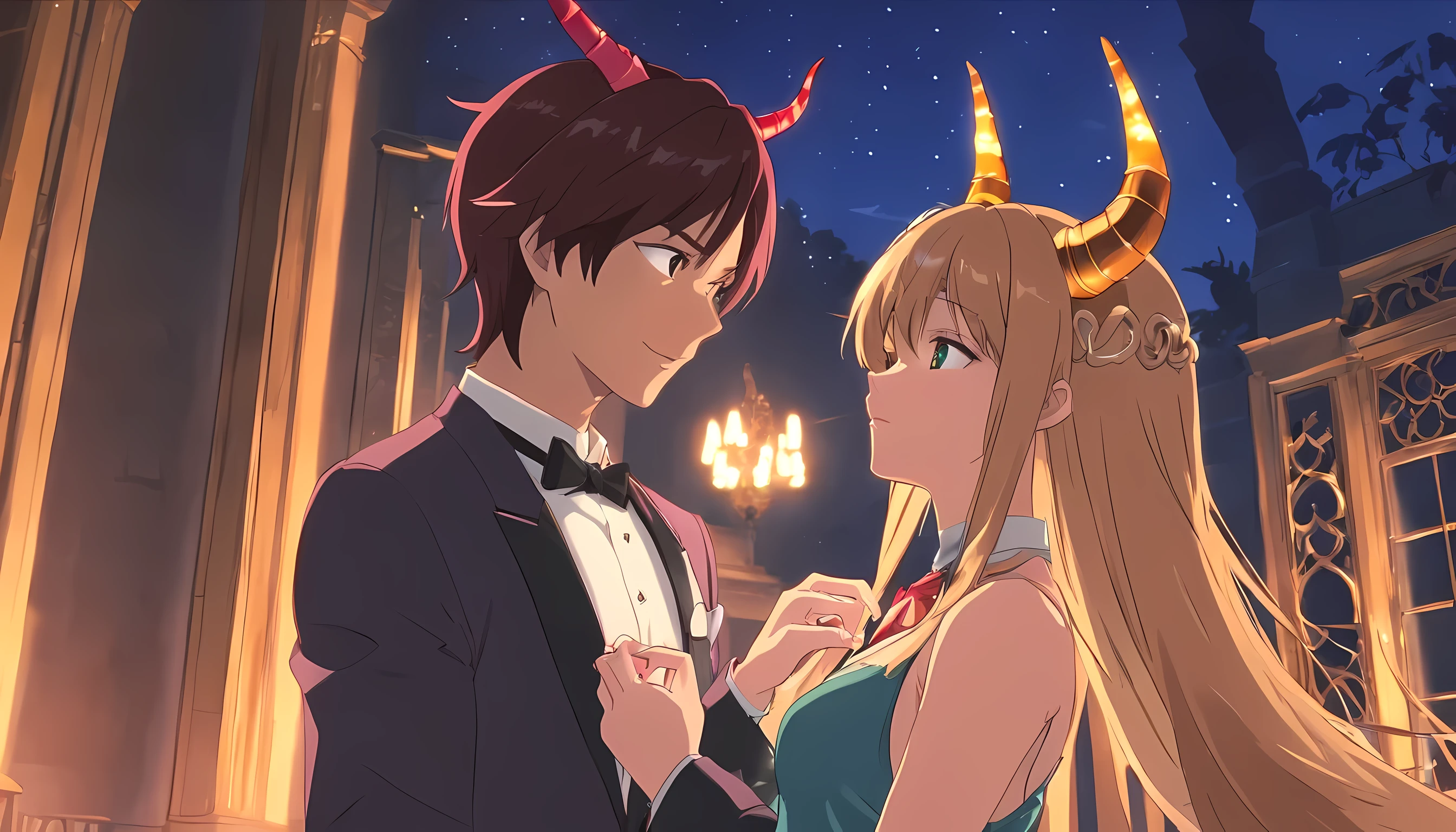 1 man (demon lord, demon horns, wearing tuxedo) and 1 woman (demon lord, demon horns, wearing tuxedo), both kissing each other, frenchkiss, detailed eyes, detailed face, detailed outfit, the background is dark old mansion, half body illustration, absurdres, highly detailed CG, Makoto Shinkai Class production