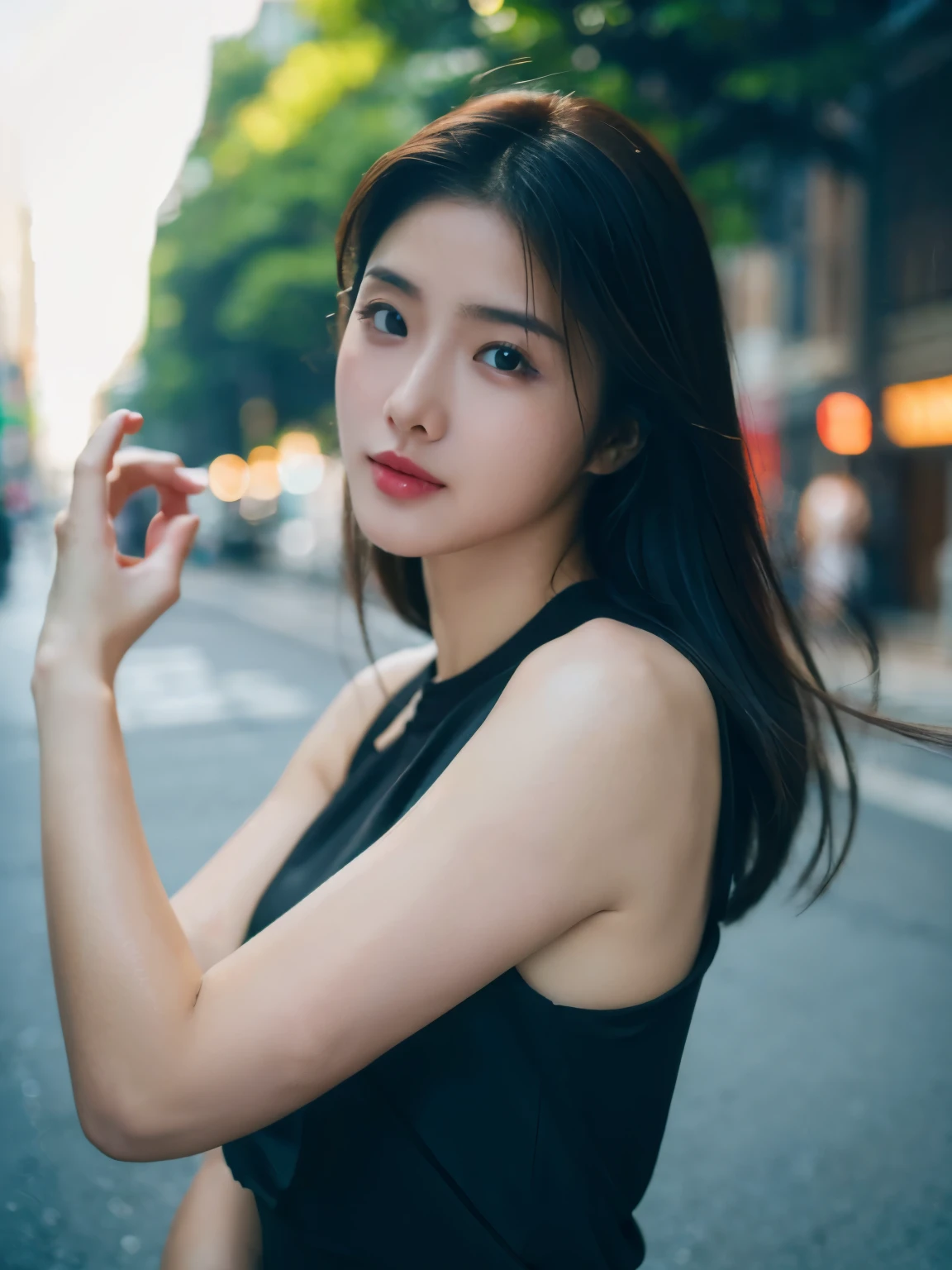 Woman posing seductive on street corner, top quality, high resolution, 8k, girl alone, outdoor, (street: 0.8), (people, crowd: 1), sleeveless dress, black dress: 1.5), gorgeous, (medium hair), (dynamic pose: 0.8), (upper body: 1.2), soft lighting, wind, glossy skin, gaze, normal chest,
