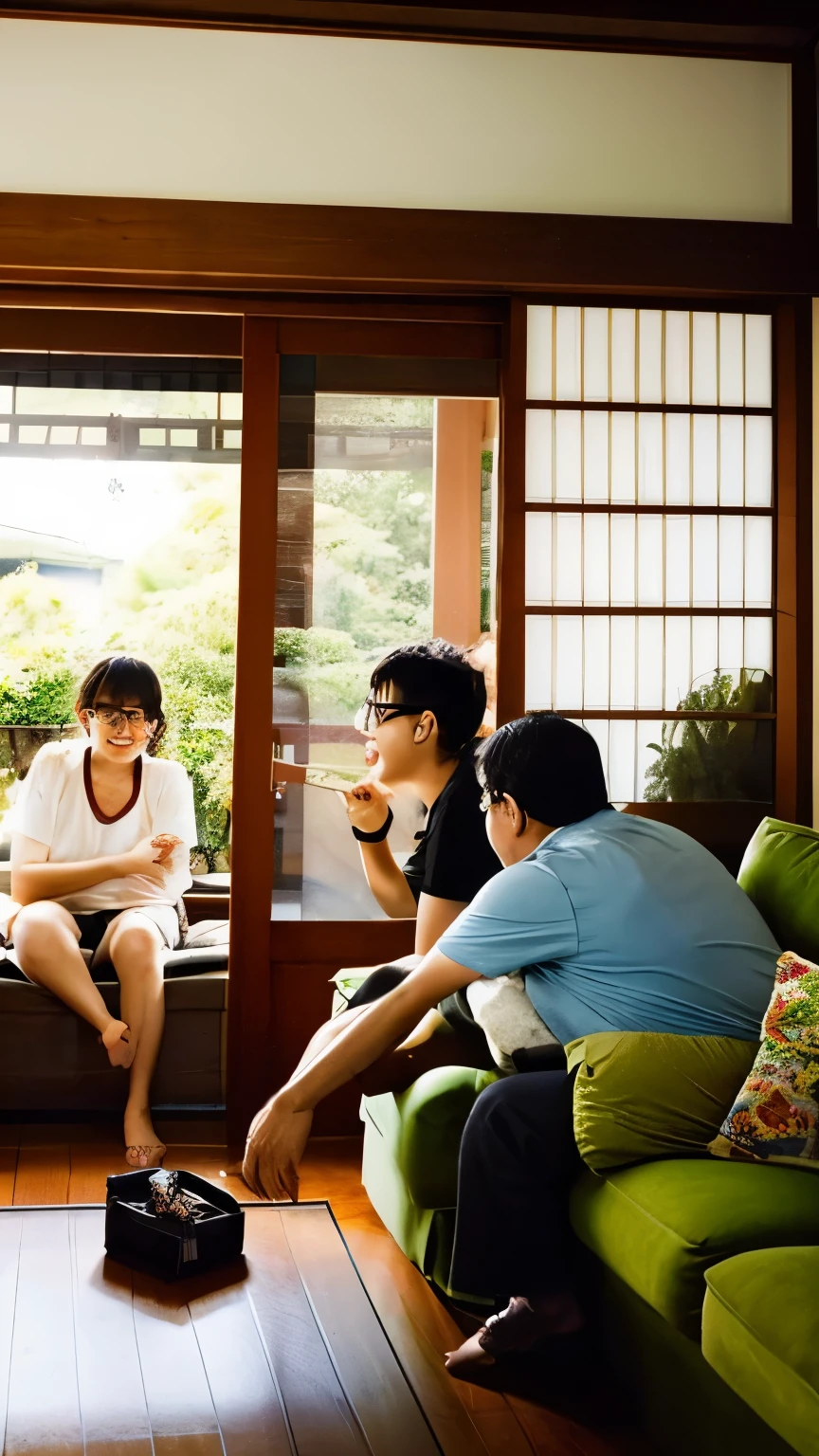 my house、father wearing glasses、fat mother、sister with ponytail、Gakuran&#39;s younger brother、2000s filter、Japanese、living room、