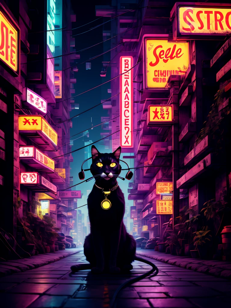 An anthropomorphic black cat with headphones and a jacket is sitting in the middle of a road, Cyberpunk and post-Soviet modernism-themed style. Close view, neon lights., Pop art, Pixar, Three-sided view, UHD, anatomicamente correto, pele texturizada, super detalhe, alta qualidade, 4K