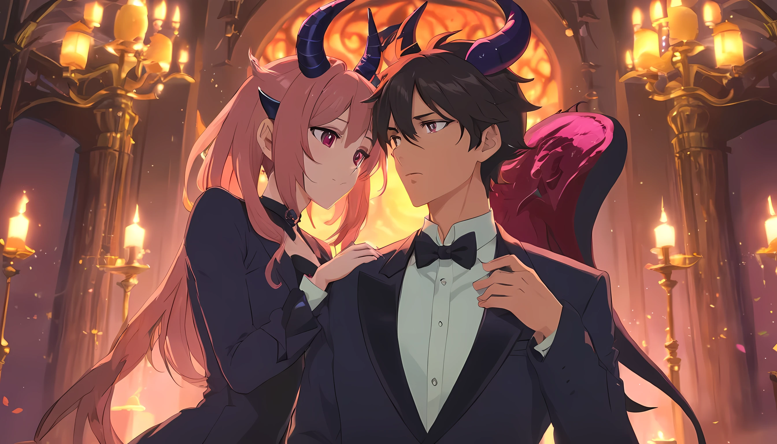 1 man (demon lord, demon horns, wearing tuxedo) and 1 woman (succubus, demon horns, wearing tuxedo), both kissing each other, frenchkiss, detailed eyes, detailed face, detailed outfit, the background is dark old mansion, half body illustration, absurdres, highly detailed CG, Makoto Shinkai Class production