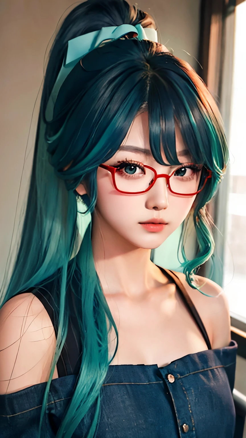 Close-up of a long-haired woman wearing a white dress,Off the shoulders， young cute korean face, Cute and natural anime face, cute thin face of girl with long hair and harsh eyes, korean girl, 10,000 cute Korean faces, beautiful korean woman, beautiful anime girl, Urzan, Stunning anime face portraits, girl, Gorgeous young Chinese woman，grey-blue hair and green hair, Long ponytail, light green eyes,red glasses，Red Half-rimmed Glasses，big 