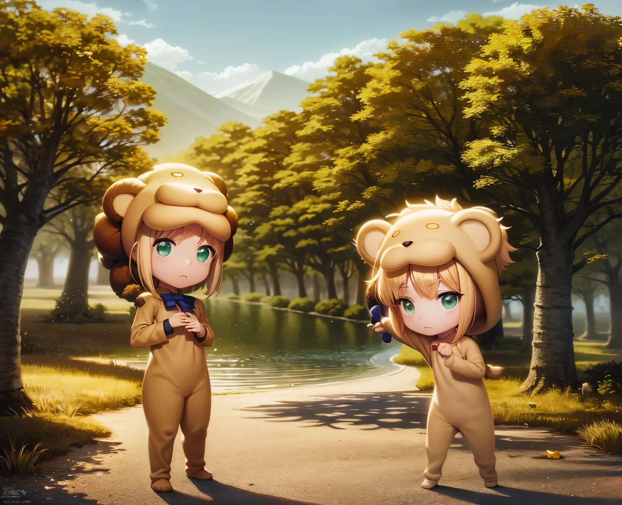 A chibi character, with short blonde hair, green eyes, an innocent expression, wearing lion pajamas and a lion cosplay; this character is Saber from the anime Fate / Stay Night in chibi form.