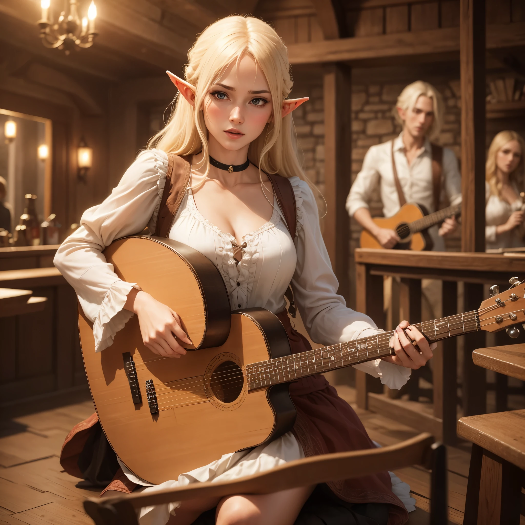 A woman blond tall elf bard in a mid-evil tavern playing lute and singing