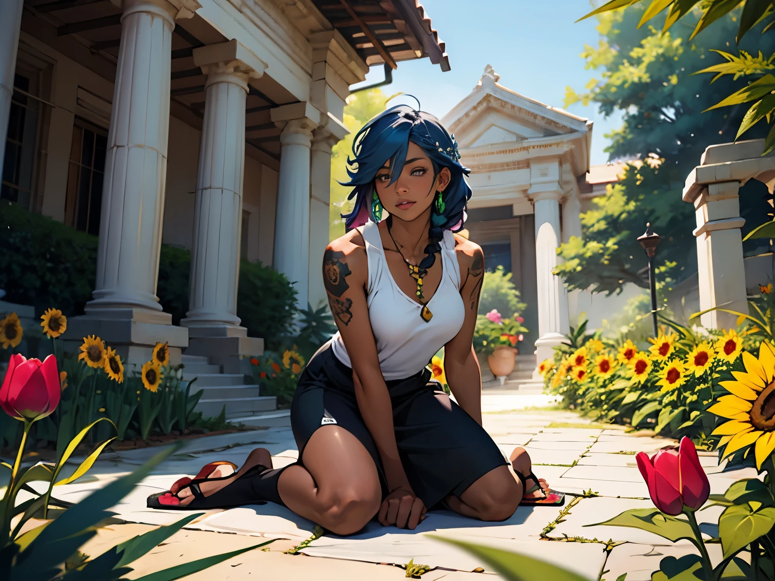 [Quality: 8k, UHD, ccurate], highly detailed, masterpiece, professional portrait 
(Exterior: cannabis indica temple garden with sunflowers and tulips in bloom with overgrown cannabis shrubs)
[Figure 1: 1girl, dark-skinned Haitian woman, plump, violet hair, multicolored hair, hair between eyes, dreadlocks, messy hair, glowing halo, scar on cheek, cannabis leaf hair ornament, wearing flowing colorful sundress, sitting comfortably while rolling herbal joint peacefully] next to

[Figure 2: 1boy, tan Caribbean man, athletic build, flowing braided blue hair, two-tone color hair, prayer bead necklace, wearing tight dark tank top, wearing colorful detailed ornate hakama with sigil designs, tattooed arms and body, kneeling next to girl in peaceful prayer]