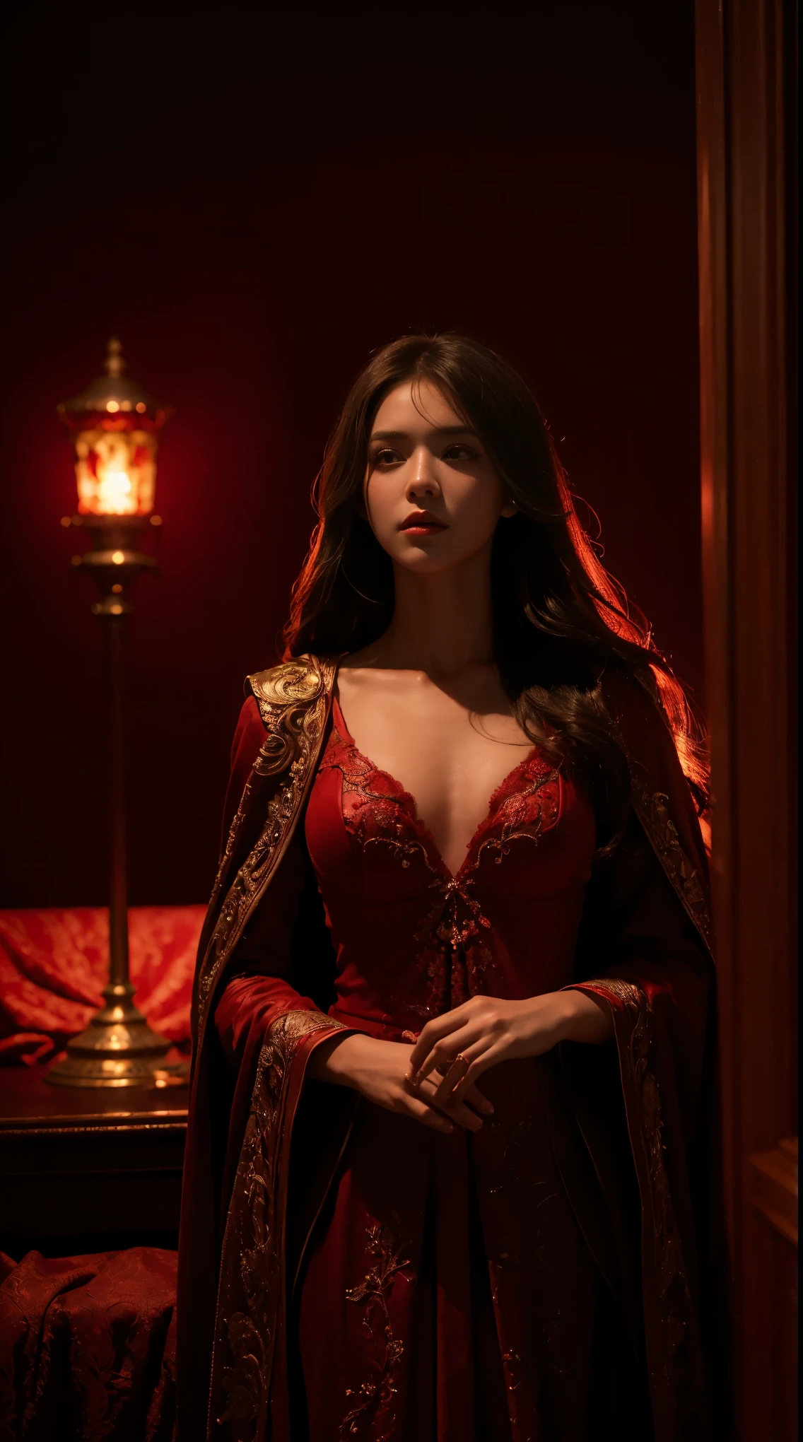 a beautiful young woman, elegant queen in a stunning red dress, see-through fabric, breathtaking detailed facial features, striking eyes, small breasts, intricate necklace, masterpiece, best quality, 8k, photorealistic, cinematic lighting, vivid colors, dramatic, fantasy, glamorous, high fashion