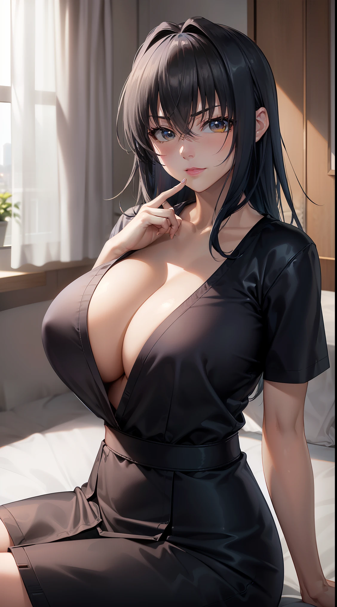 professional artwork, intricate details, vision, sharp focus, detailed picture, photorealistic lighting, It's trending on pixiv,(masterpiece:1.0),(Highest_quality:1.0), 超High resolution, super detailed, photograph, 8K, HDR, High resolution, disorganized:1.2, kodak portrait 400, film grain, sharp focus, Bokeh:1.2, Lens flare, (vibrant_color:1.2), (((indoors, Bedroom, Bedroom details, sitting on the bed, perfect anatomy sitting))),
mature woman, black hair, long hair, 黄colorい目, big breasts, nurse uniform, White themed clothes, formal, hair intake, 覆われたchest, cleavage, 20 years,mature woman,beautiful Finger,beautiful long legs,beautiful body,beautiful Nose,beautiful character design, perfect eyes, perfect face, looking at the viewer, official art,Highly detailed CG Unity 8K wallpaper, (beautiful,big_chest:1.4), (beautiful_face:1.5),(narrow_waist), (alone:1.4), (Upper body, half body shot),
Kotetsu Majoanne Nerose,