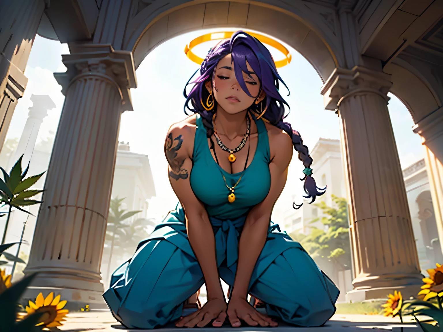 [Quality: 8k, UHD, ccurate], highly detailed, masterpiece, professional portrait 
(Exterior: cannabis indica temple garden with sunflowers and tulips in bloom with overgrown cannabis shrubs)
((Figure 1: 1girl, dark-skinned Haitian woman, plump, violet hair, multicolored hair, hair between eyes, dreadlocks, messy hair, glowing halo, scar on cheek, cannabis leaf hair ornament, wearing flowing colorful sundress, sitting comfortably while rolling herbal joint peacefully)) next to
((Figure 2: 1boy, tan Caribbean man, athletic build, flowing braided blue hair, two-tone color hair, prayer bead necklace, wearing tight dark tank top, wearing colorful detailed ornate hakama with sigil designs, tattooed arms and body, kneeling next to girl in peaceful prayer))