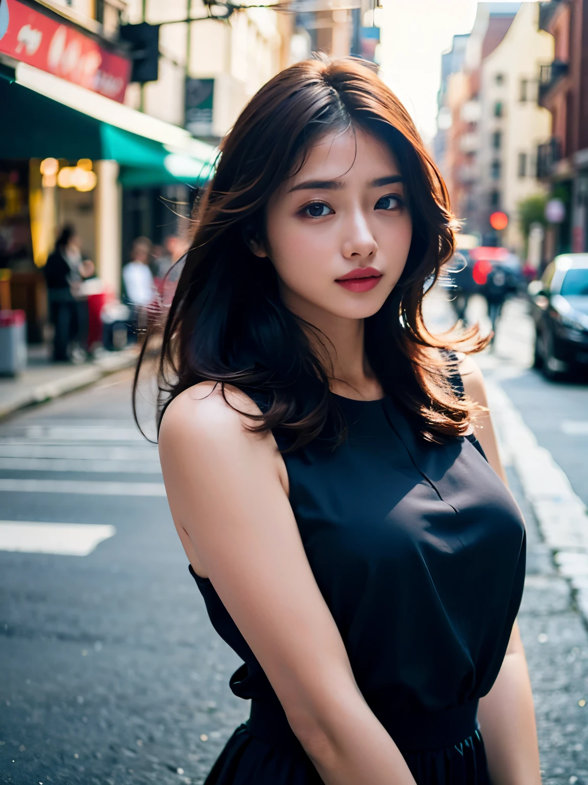 Woman posing seductive on street corner, top quality, high resolution, 8k, girl alone, outdoor, (street: 0.8), (people, crowd: 1), sleeveless dress, black dress: 1.5), gorgeouedium hair), (dynamic pose: 0.8), (upper body: 1.2), soft lighting, wind, glossy skin, gaze,
