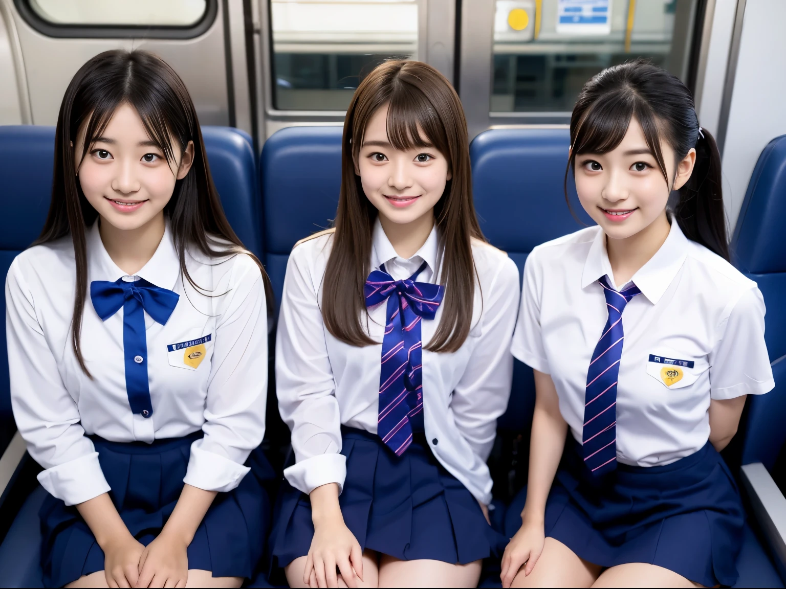 center view、Arafe asian woman in short skirt and bow tie sitting on train、cute high school girl、japanese girl uniform、Wearing Japanese school uniform、japanese school uniform、surreal 、dressed like a high school girl、surreal 、wearing a uniform、real high school girl、girl in uniform、wearing a uniform、 Pause、Full body Esbian、nice skin、glowing skin、nice thighs、Shining thighs、Shining Rigaleg , Japanese high school 、Nogizaka Idol、korean idol、from below