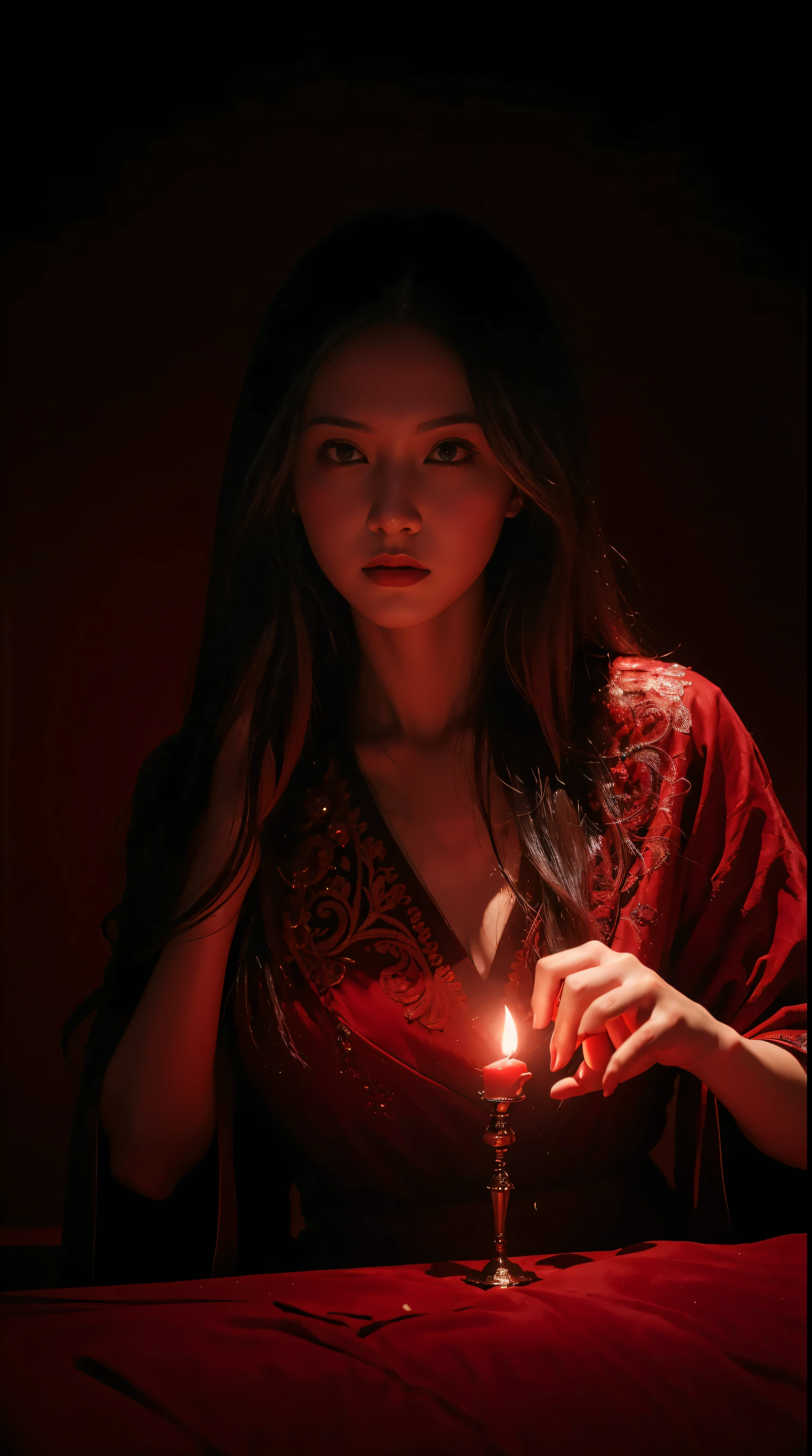 ((masterpiece)), ((best quality)), ((detailed)), ((Phenomenal)), (Intricate), ((Meticulous)), Crimson Sorceress, Blood Magic, Crimson, Photo, Cinematic lighting, Mood lighting, Evocative lighting, Dramatic lighting, Low-light photography