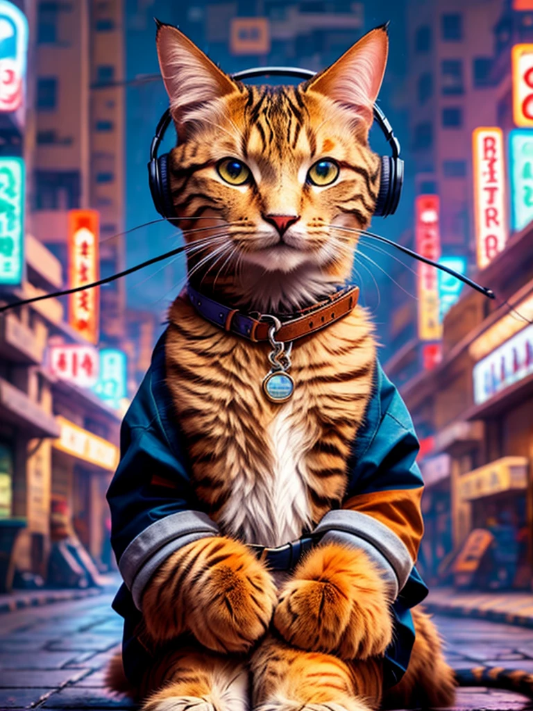 An anthropomorphic cat with headphones and a jacket is sitting in the middle of a road, Cyberpunk and post-Soviet modernism-themed style. Close view, neon lights., Pop art, Pixar, Three-sided view, UHD, anatomicamente correto, pele texturizada, super detalhe, alta qualidade, 4K