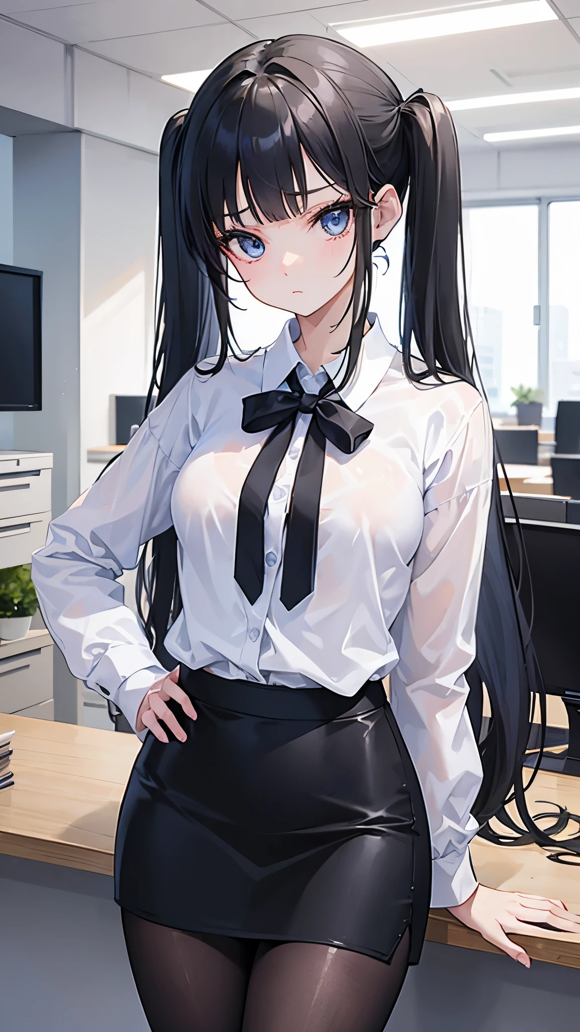 (8K、Highest image quality、highest quality、masterpiece)、detailed face、1 girl、short、black hair、long hair、twintails、blunt bangs、light blue eyes、frown、closed mouth、small breasts、office worker、pencil skirt、((miniskirt))、black pantyhose、Put your hands on your hips、leaning forward、cowboy shot、crowd, crowded office, many people in background、office background