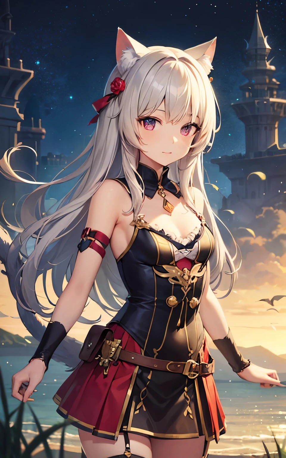 best quality, cute cat ears girl, Cute fantasy world lightly dressed, fantasy world, smooth skin, 