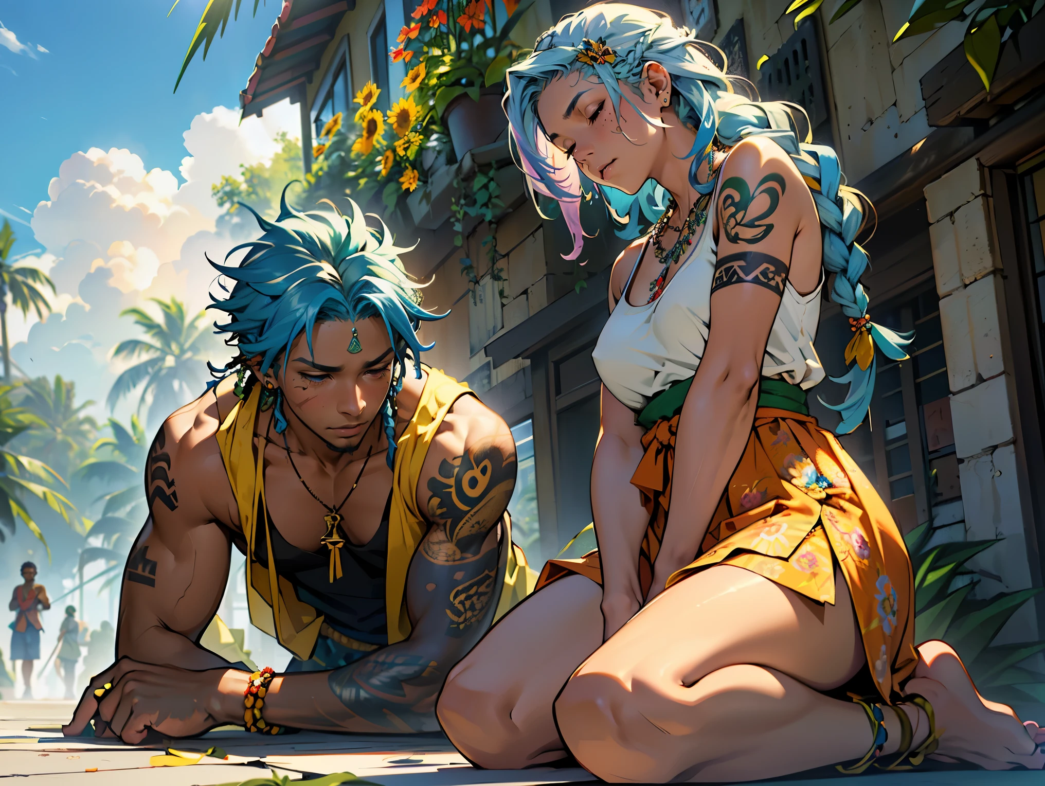 (Exterior: cannabis indica temple garden with sunflowers and tulips in bloom with overgrown cannabis shrubs), the scene depicting two people in love sharing a peaceful morning together,
((Figure 1: 1girl, dark-skinned Haitian woman, plump, violet hair, multicolored hair, hair between eyes, dreadlocks, messy hair, glowing halo, scar on cheek, cannabis leaf hair ornament, wearing flowing colorful sundress, sitting comfortably while rolling herbal joint peacefully)) next to ((Figure 2: 1boy, tan Caribbean man, athletic build, flowing braided blue hair, two-tone color hair, prayer bead necklace, wearing tight dark tank top, wearing colorful detailed ornate hakama with sigil designs, tattooed arms and body, kneeling next to girl in peaceful prayer))