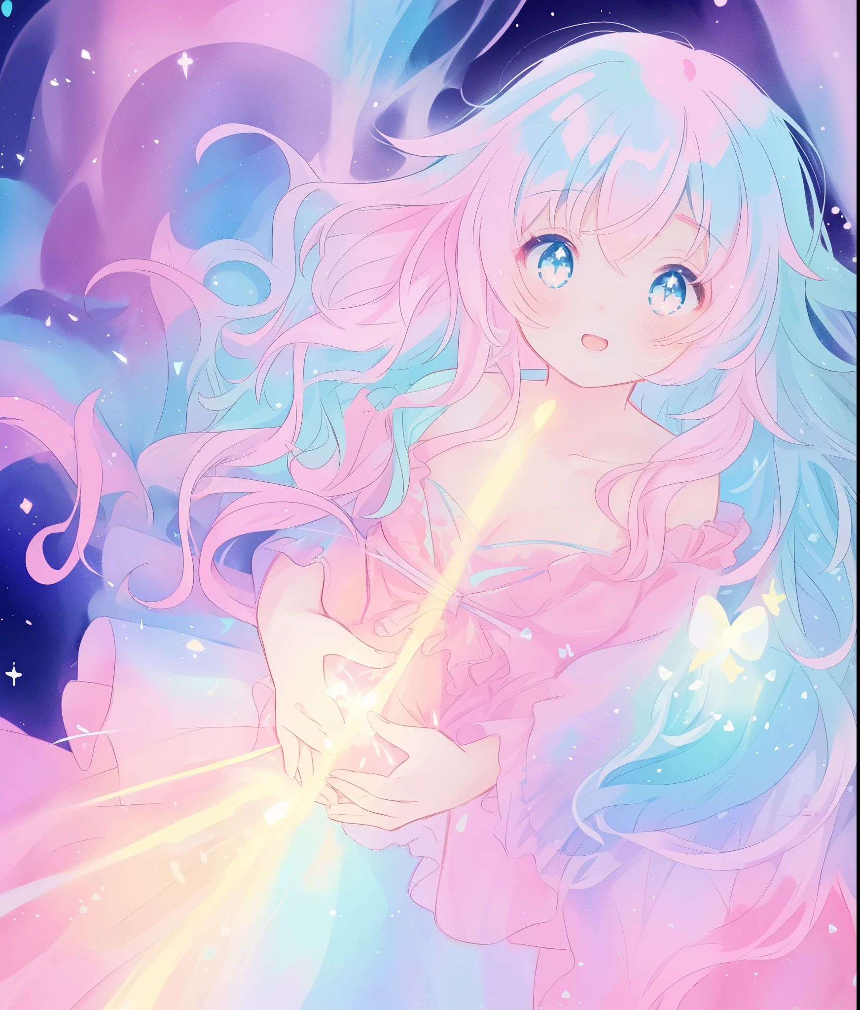 beautiful anime girl in colorful multi-layered ballgown, vibrant pastel colors, (colorful), magical lights, sparkling liquid light, colorful wavy hair, inspired by Glen Keane, inspired by Lois van Baarle, disney art style, by Lois van Baarle, glowing aura around her, by Glen Keane, jen bartel, glowing lights! digital painting, flowing glowing hair, glowing flowing hair, beautiful digital illustration, fantasia background, whimsical, magical, fantasy, beautiful face, ((masterpiece, best quality)), intricate details, highly detailed, sharp focus, 8k resolution, sparkling detailed eyes, liquid watercolor