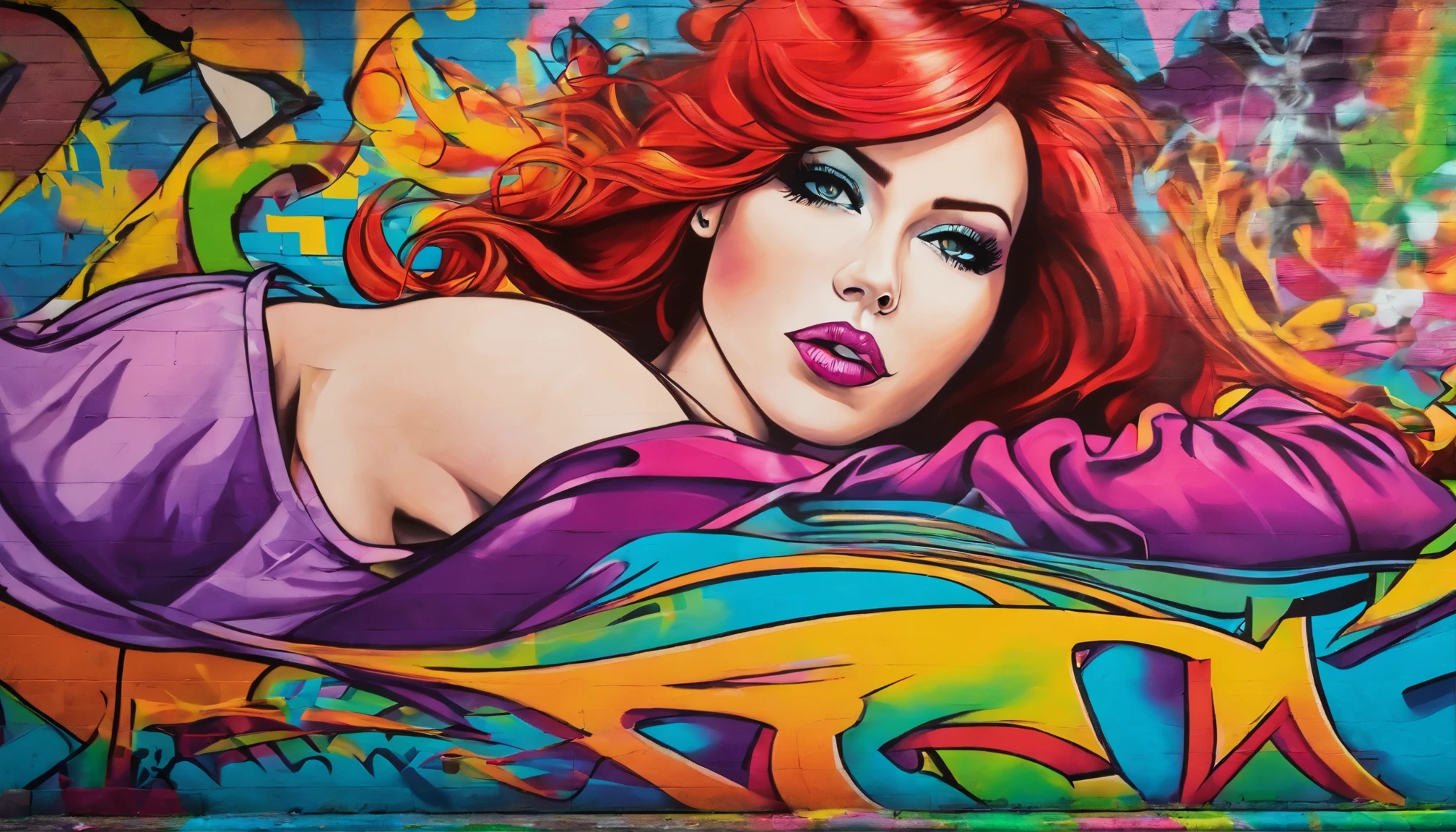 Create hyper realistic graffiti art of a sensual redhead woman in neon tones showing laying on her side and showing full breasts, as she looks seductively at the viewer