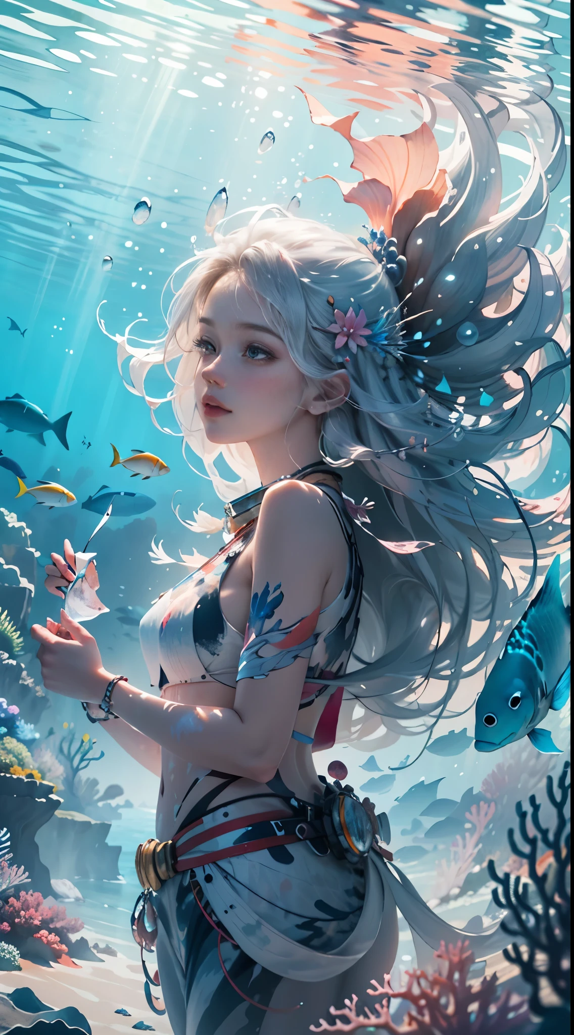 Conceptual art of marine life, Undersea landscape, Marine life，Beautiful coral reefs come in different shapes, 3D，, Fish, Female animated fantasy illustration. Long white hair scattered in the sea, Drift, Very harmonious. The whole painting adopts a messy and imaginative painting style. The colors are bright and saturated, And with smooth lines. The mystery and beauty of the ocean, The painting depicts an underwater world full of life and vitality, Animated art wallpaper 8 K