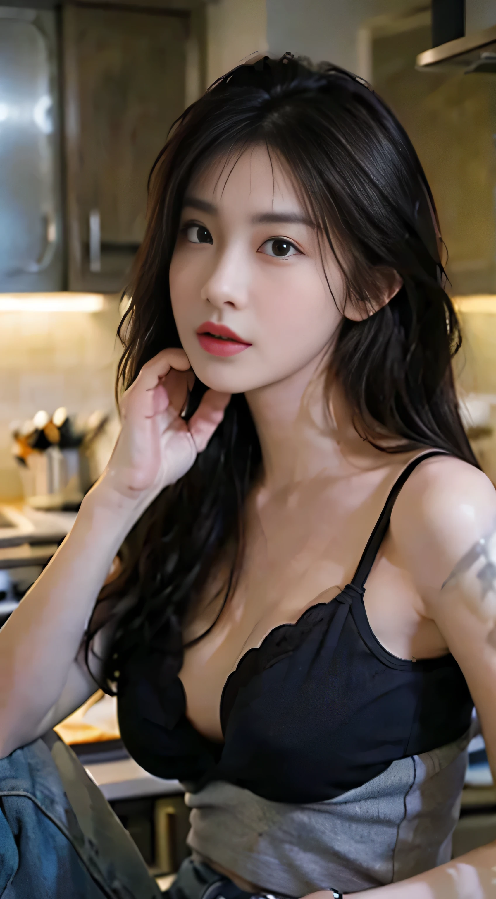 lifelike, high resolution, 1 lady, alone, view viewer, (Detailed face), black hair, jeans，black bra，kitchen