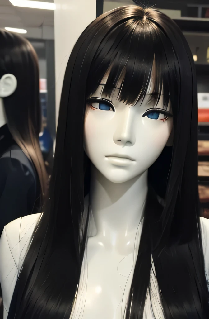 mannequin　Body color is pure white　Bangs　Black straight hair　Eye color is black