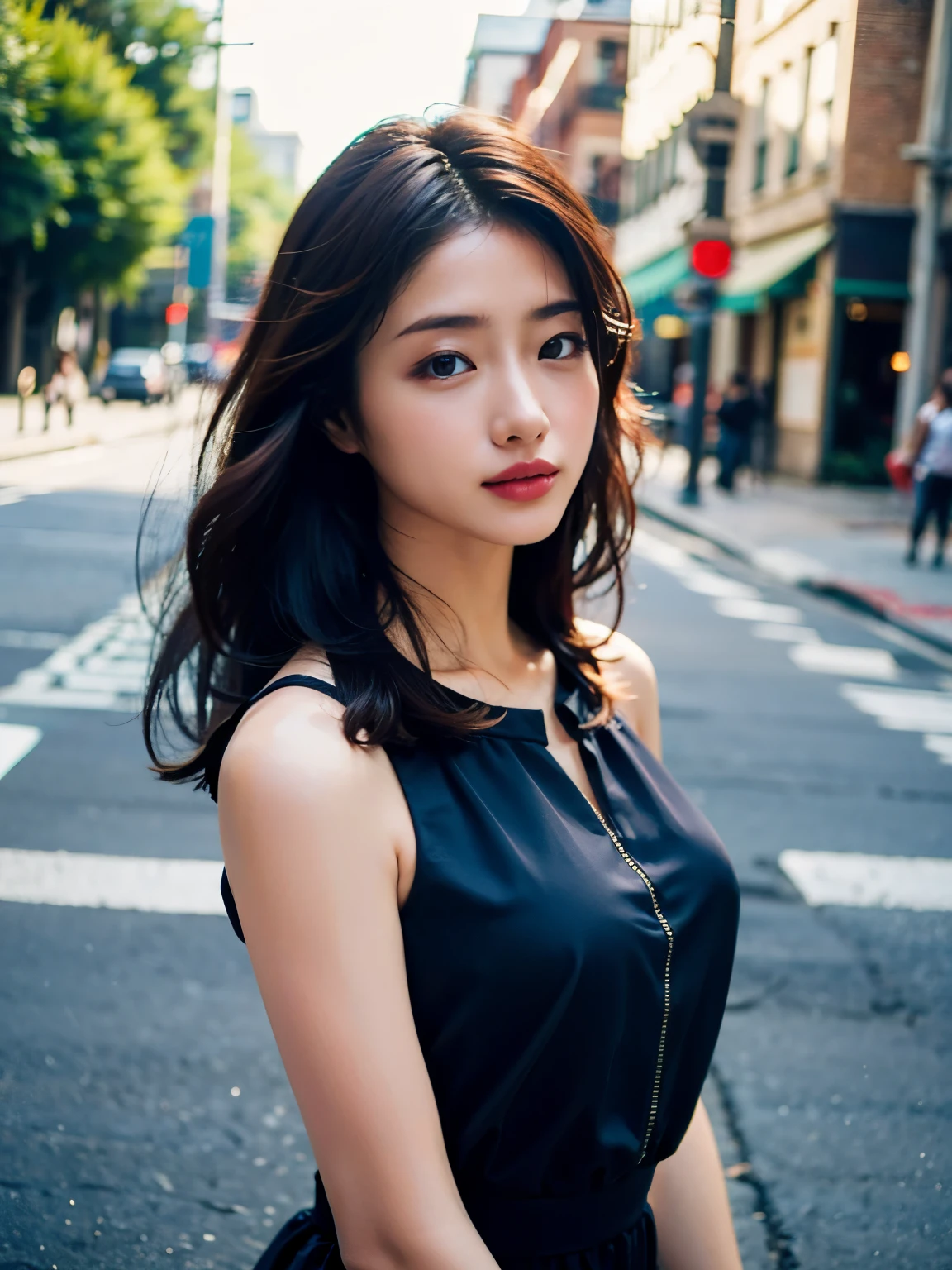 Woman posing seductive on street corner, top quality, high resolution, 8k, girl alone, outdoor, (street: 0.8), (people, crowd: 1), sleeveless dress, black dress: 1.5), gorgeouedium hair), (dynamic pose: 0.8), (upper body: 1.2), soft lighting, wind, glossy skin, gaze,
