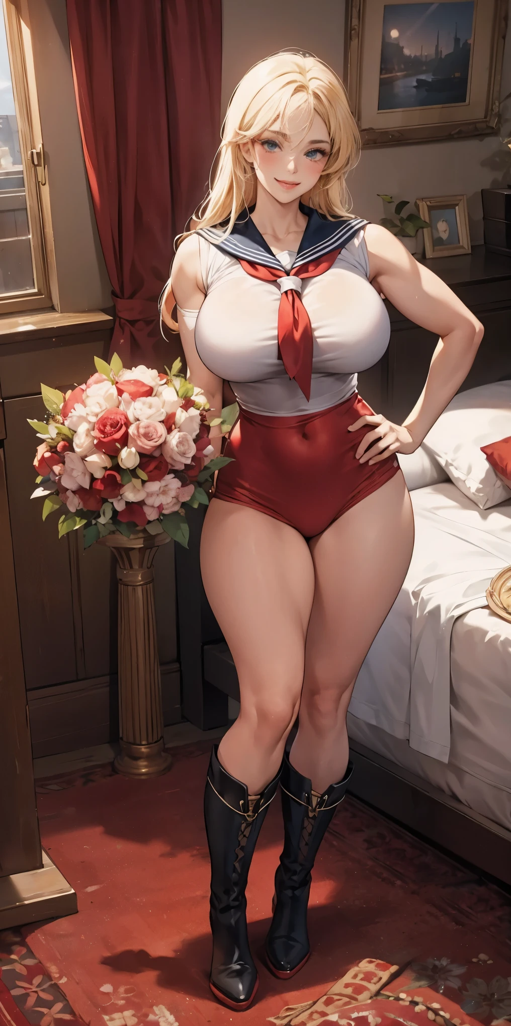 woman bodybuilder with very large calves very beautiful resemblance sailor uniform, full body standing symmetrical lustful smirking smile face (red blush), martial art, bouquet of flowers holding, full body toe to head, feet together, high boots, big breast, paladin warrior knight, hands on hips. red tattoo on belly, bedroom background, royal bedroom,
