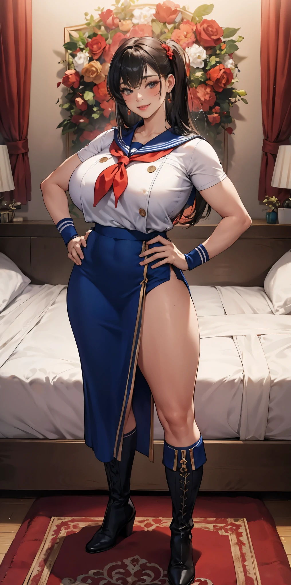 woman bodybuilder with very large calves very beautiful resemblance sailor uniform, full body standing symmetrical lustful smirking smile face (red blush), martial art, bouquet of flowers holding, full body toe to head, feet together, high boots, big breast, paladin warrior knight, hands on hips. red tattoo on belly, bedroom background, royal bedroom,