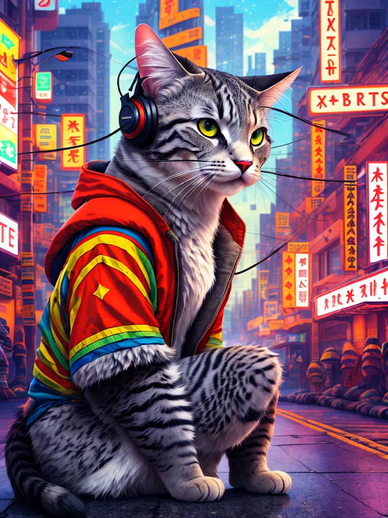 An anthropomorphic cat with headphones and a jacket is sitting in the middle of a road, Cyberpunk and post-Soviet modernism-themed style. Close view, neon lights., Pop art, Pixar, Three-sided view, UHD, anatomicamente correto, pele texturizada, super detalhe, alta qualidade, 4K