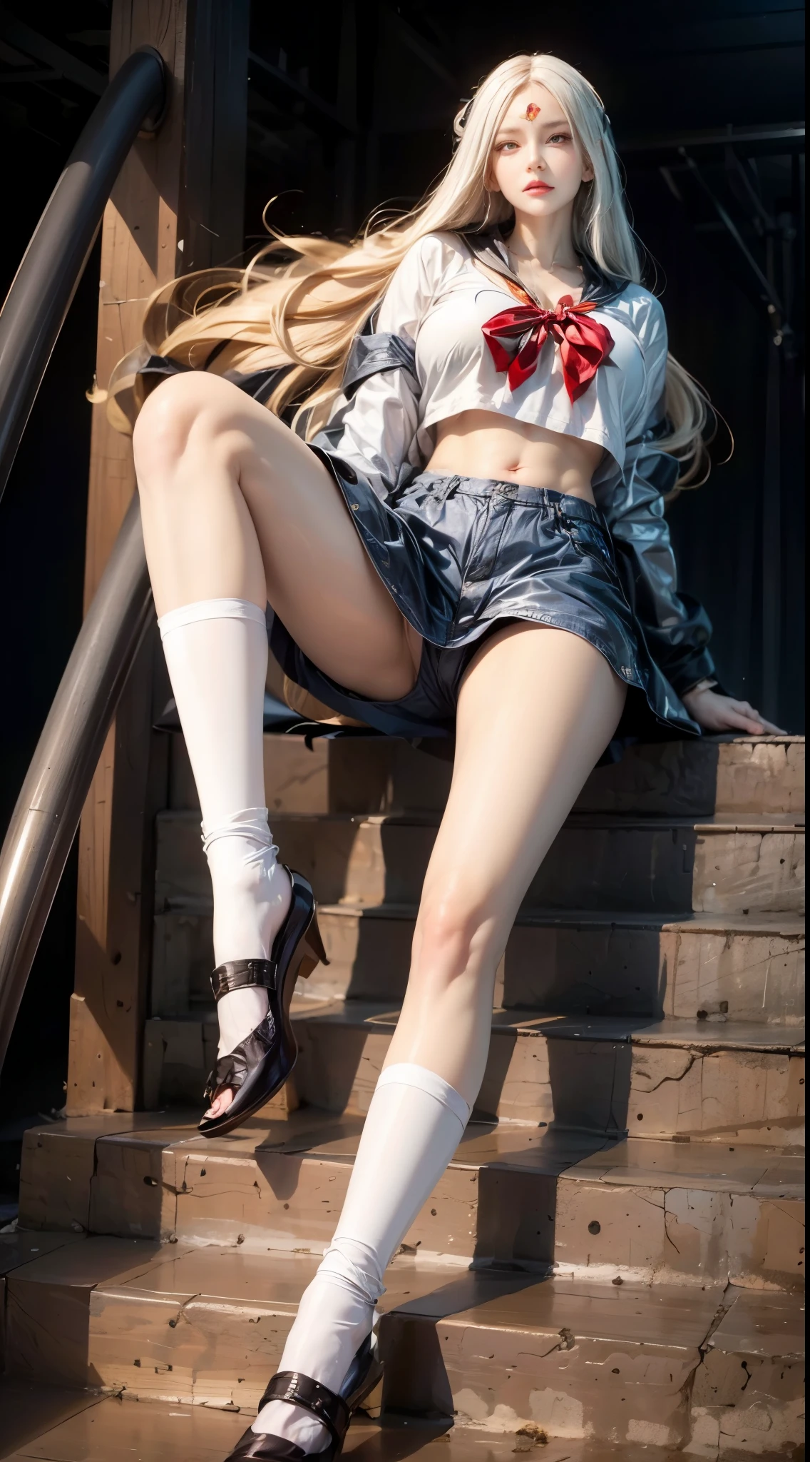 realistic, 1 women, best quality, 12k, HD, long hair, big round breasts, cleavage, ponytail, necklace, jewelry, shorts, short jacket, slim hips, hair tie, yellow eyes, black hair, super detailed, Eye details, hair details, person details, mouth details, face details, breast details, clothes details, hair details, pants details, hand details, whole body