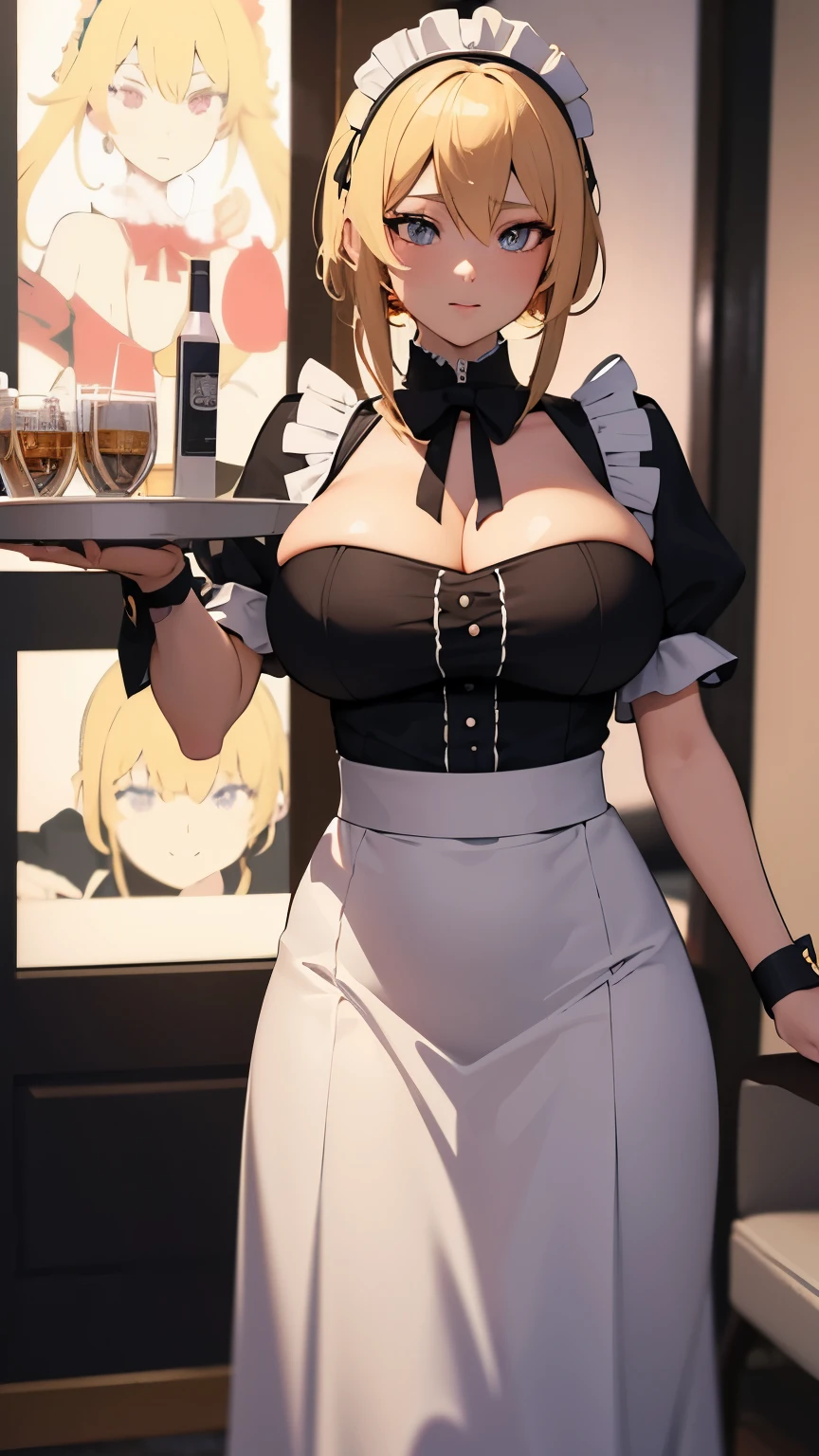 a anime woman in a maid outfit posing for a picture, blonde hair, big bust, 3d anime poster, highly, fine detail anime, dinner is served, really large bust, thick neck, hd remastered, afternoon, large bust, promo art
