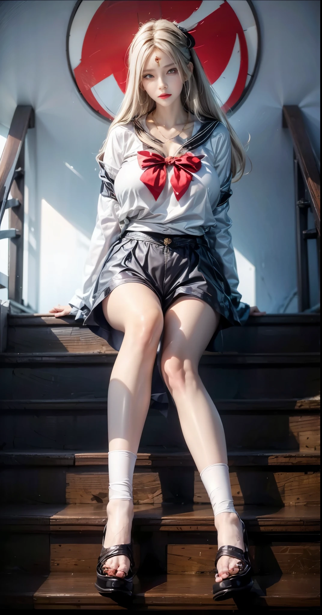realistic, 1 women, best quality, 12k, HD, long hair, big round breasts, cleavage, ponytail, necklace, jewelry, shorts, short jacket, slim hips, hair tie, yellow eyes, black hair, super detailed, Eye details, hair details, person details, mouth details, face details, breast details, clothes details, hair details, pants details, hand details, whole body