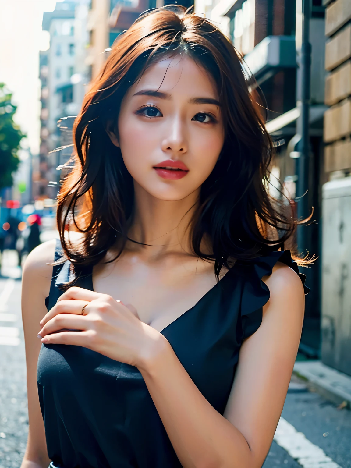 Woman posing seductive on street corner, top quality, high resolution, 8k, girl alone, outdoor, (street: 0.8), (people, crowd: 1), sleeveless dress, black dress: 1.5), gorgeouedium hair), (dynamic pose: 0.8), (upper body: 1.2), soft lighting, wind, glossy skin, gaze,