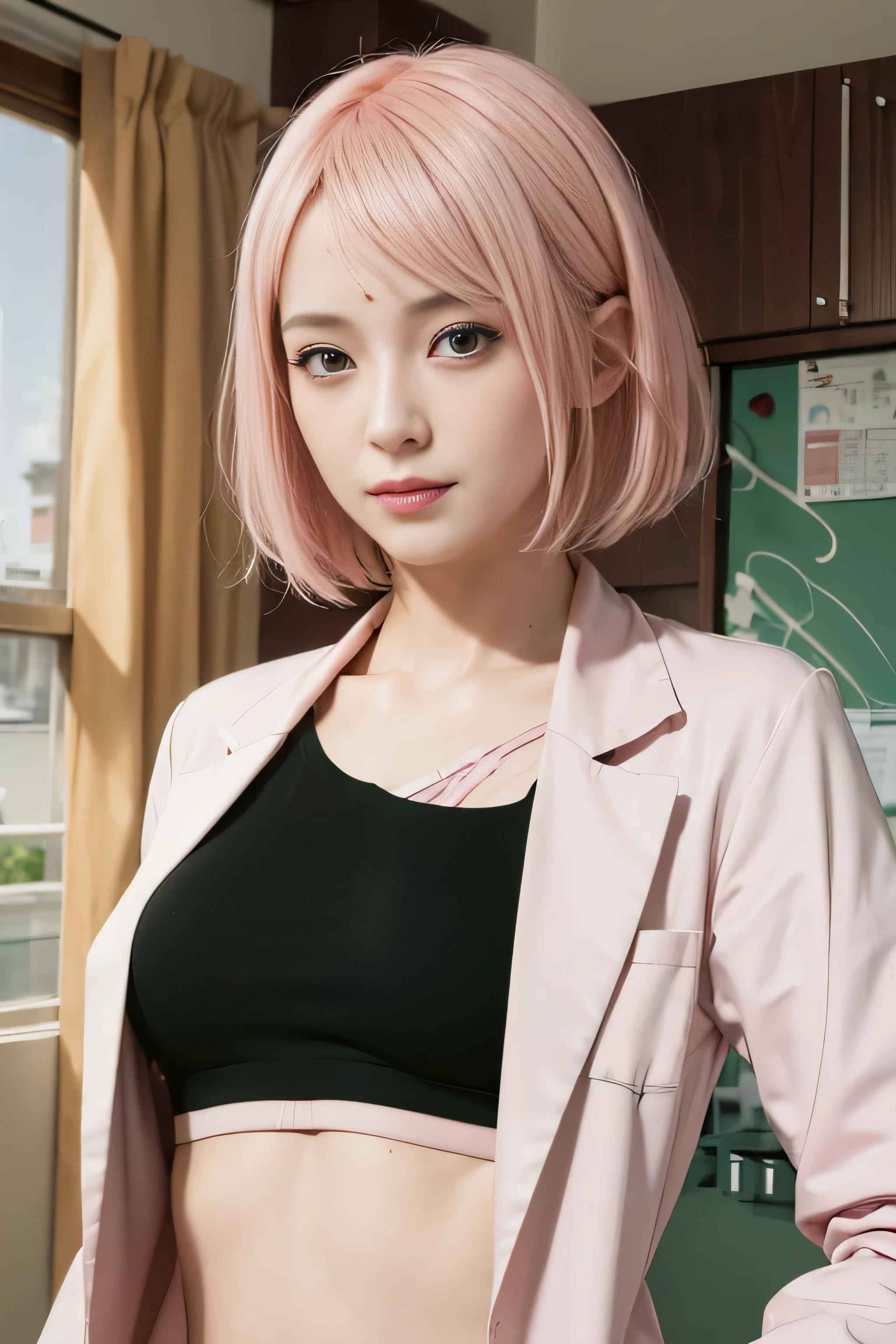 masterpiece, best quality, (realistic,photo-realistic:1.4), (RAW photo:1.2), extremely detailed CG unity 8k wallpaper, delicate and beautiful, amazing,finely detail, official art, absurdres, incredibly absurdres, huge filesize, ultra-detailed,extremely detailed eyes and face,light on face,(little smile),sakura haruno,(pink hair:1.4),(short hair:1.6),(wearing laboratory coat:1.4),(graffity background:1.4),(black sports bra:1.4)