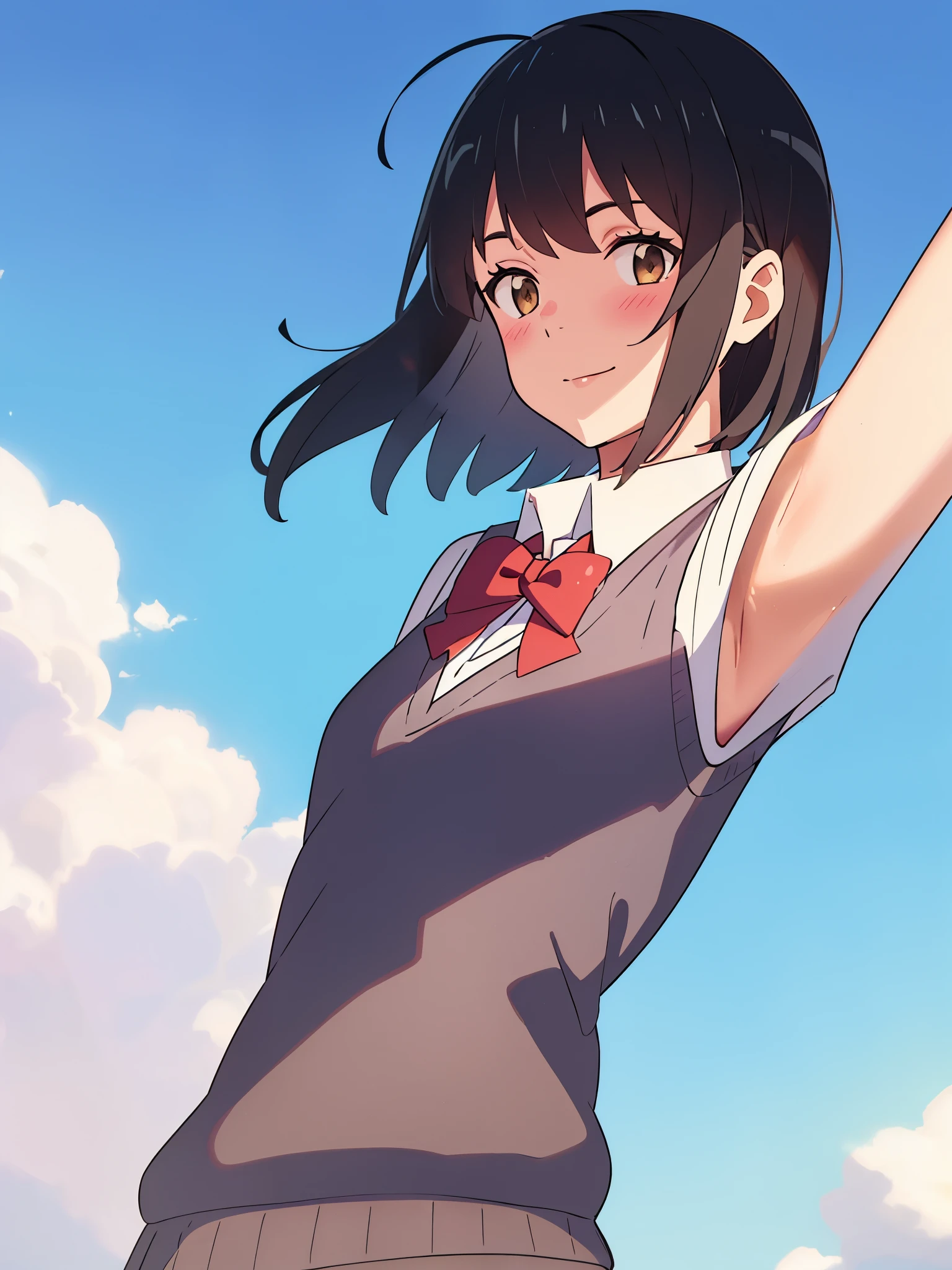 Show your armpits,shinkai makoto, kimi no na wa., 1 girl, bangs, black hair, blue null, blush, bow, bowtie, brown eyes, cloud, collared shirt, hair ribbon, hair band, looking at the viewer, negative space, outdoor, red bow, red bowtie, red hair band, red ribbon, ribbon, school uniform, shirt, short hair, null, smile, alone, sweater vest, Upper body, vest, white shirt, yellow sweater vest, yellow vest