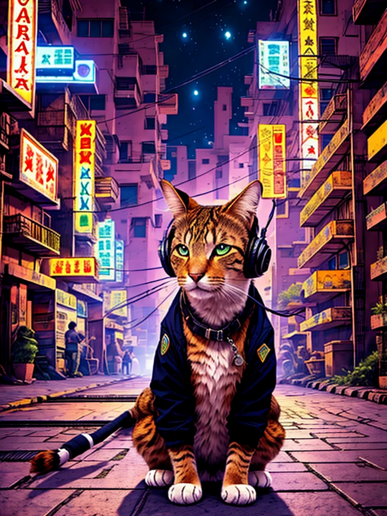 An anthropomorphic cat with headphones and a jacket is sitting in the middle of a road, Cyberpunk and post-Soviet modernism-themed style. Close view, neon lights., Pop art, Pixar, Three-sided view, UHD, anatomicamente correto, pele texturizada, super detalhe, alta qualidade, 4K