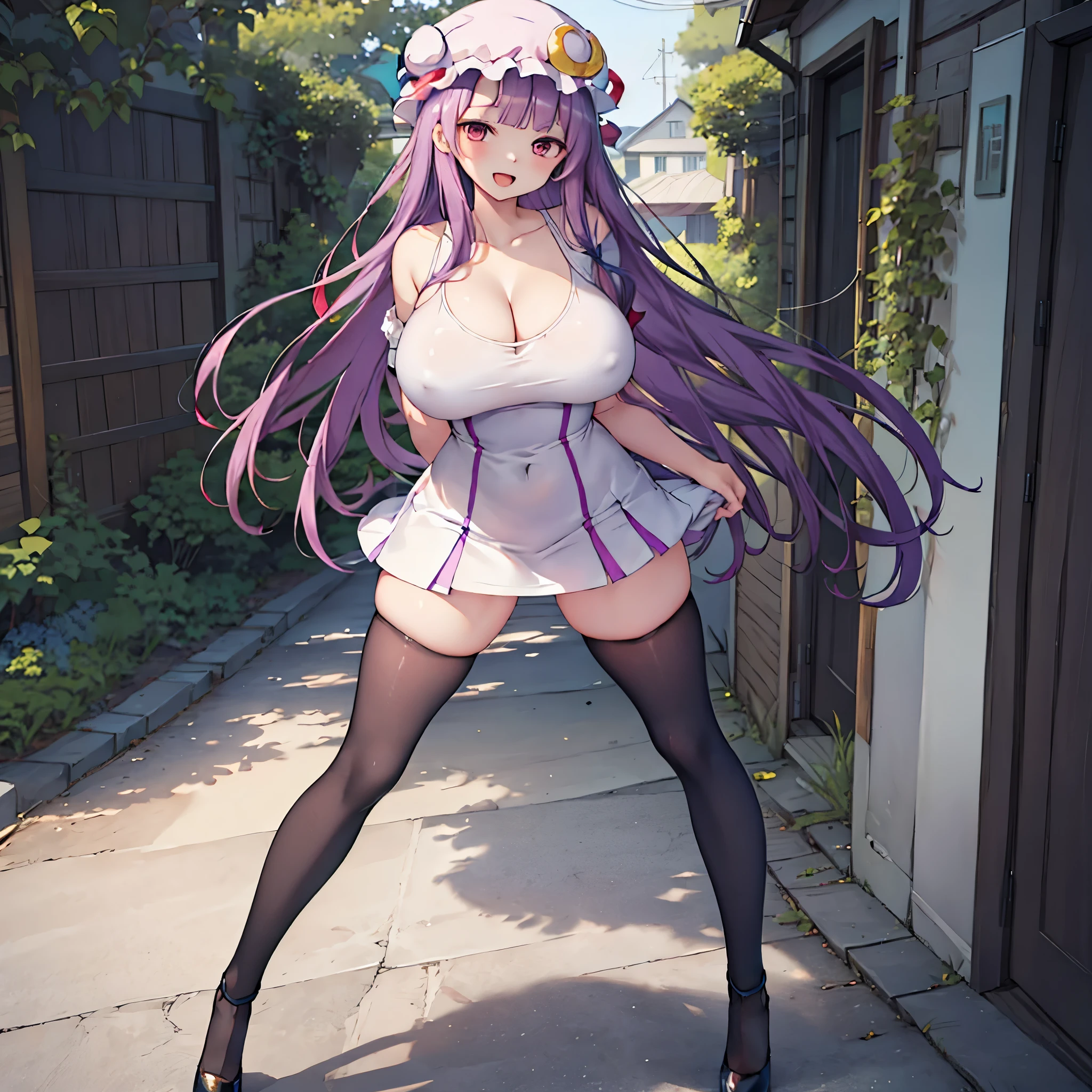 (Patchouli toho character), (standing at lakeside forest), outside, (standing with open legs wide:1.6), (arms behind back), (bending back), tiptoe, pigeon toed, BREAK, (disproportionately gigantic huge breasts:1.2), cleavage, inconceivably thin waist, very short torso, (thin long legs apart:1.23, BREAK, very short miniskirt, thigh gap, (black thighhighs:1.2), highheels, BREAK, smile for viewer, open mouth, nose blush, full body, (pussy juice)