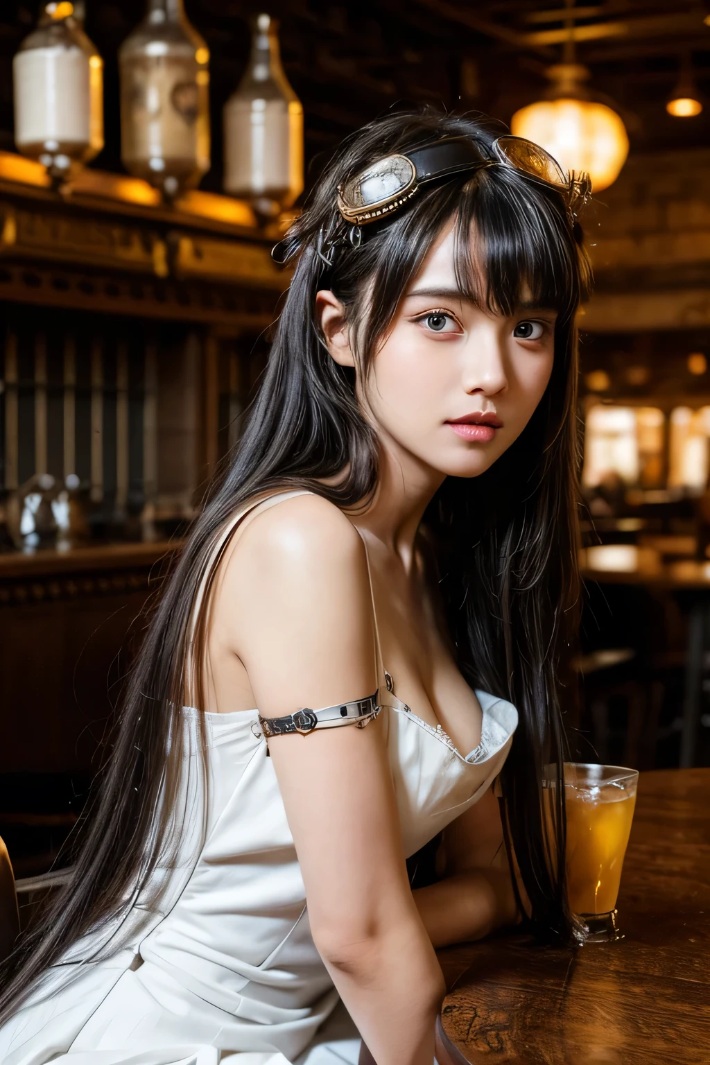 Steampunk AI, working in the cafeteria, girl, dark long hair with bangs, wearing a white dress, not wearing anything on your head, highly detailed face, very fine eyes, 8K, starring on camera, zoom out