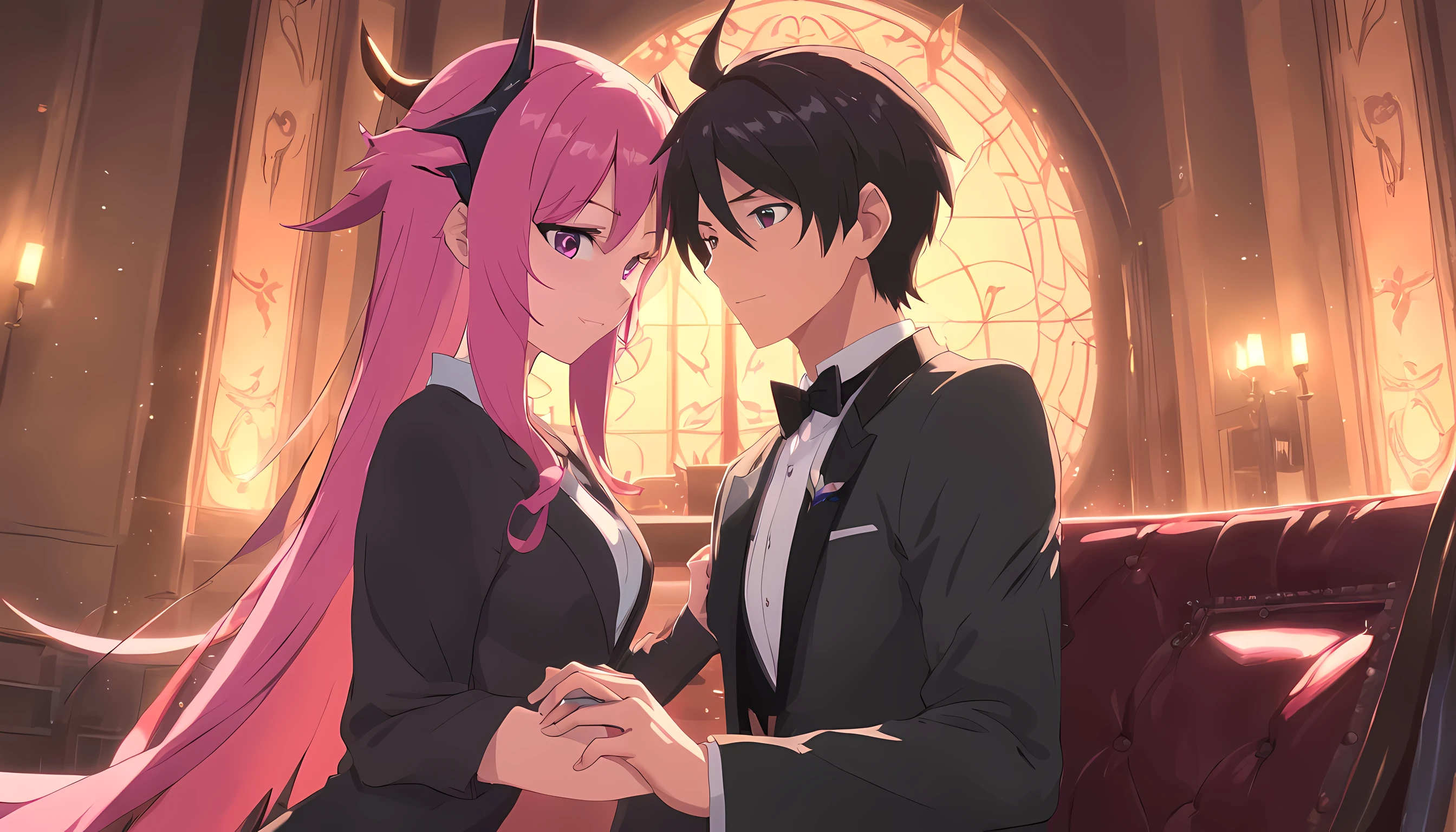 1 man (demon lord, demon horns, black hair wearing tuxedo) and 1 woman (succubus, demon horns, pink hair, wearing tuxedo), he sit in throne and being hugged from behind by her, loving each other, detailed eyes, detailed face, detailed outfit, the background is dark old mansion, full body illustration, absurdres, highly detailed CG, Makoto Shinkai Class production