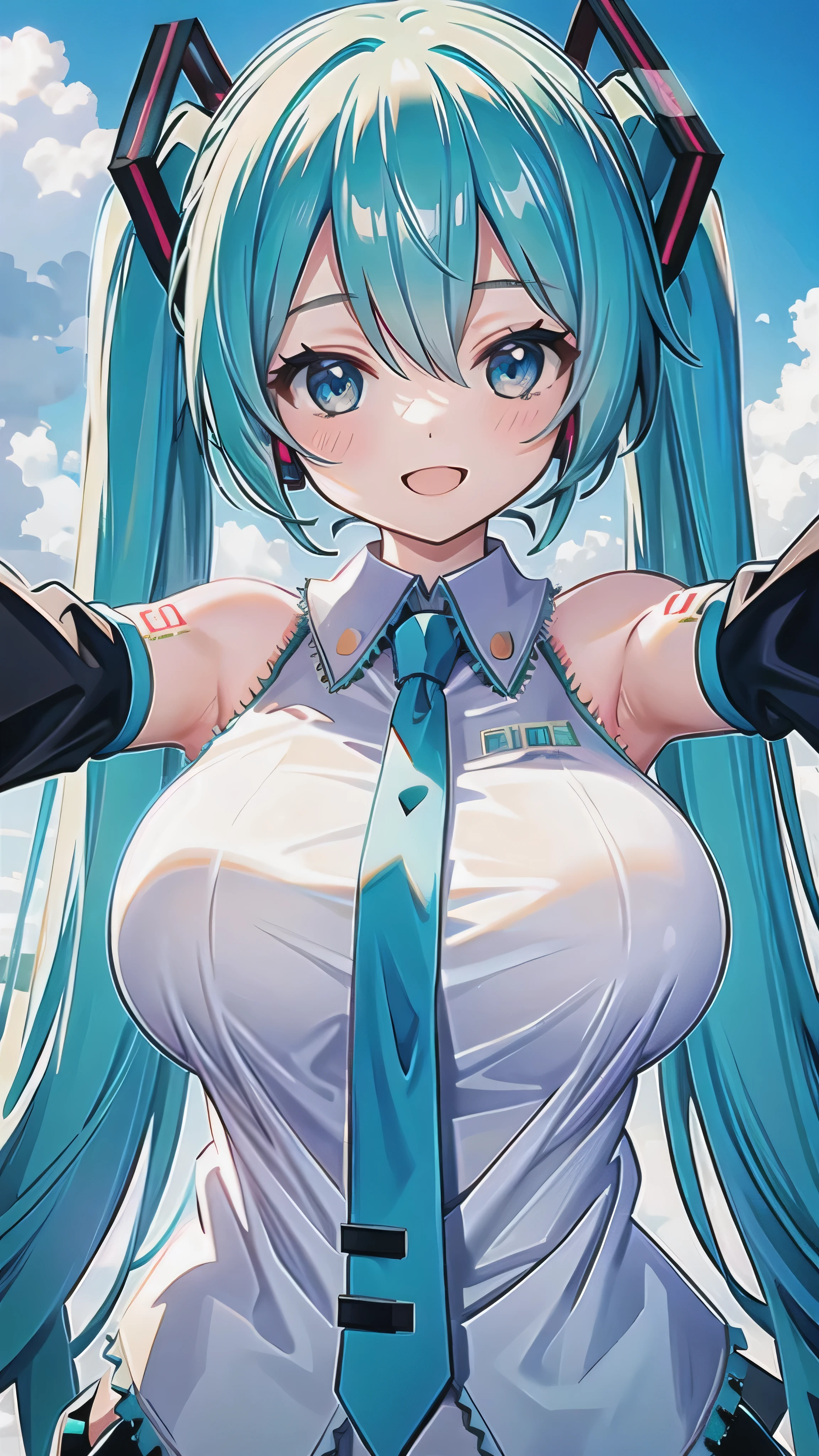 (best quality, masterpiece, high resolution, ultra detailed, detailed skin, intricate eyes, perfect anatomy, 4fingers and 1thumbs), (1 girl, solo:1.4), (hatsune miku:1.5), (12 years old, cute face, pretty face), BREAK (open mouth, smirk, blush, gleaming skin:1.5), (from front, front view, upper body, outstretched arms, outstretched hands, sky:1.9), BREAK (teal twintalls, teal long twintall, blue eyes), BREAK (solid white blouse with blue edge, solid white sleeveless clothe with blue edge, solid white collar), BREAK solid blue necktie, BREAK (black independent sleeves, black detached sleeves) BREAK (huge breasts, gigantic breasts, sagging breasts)