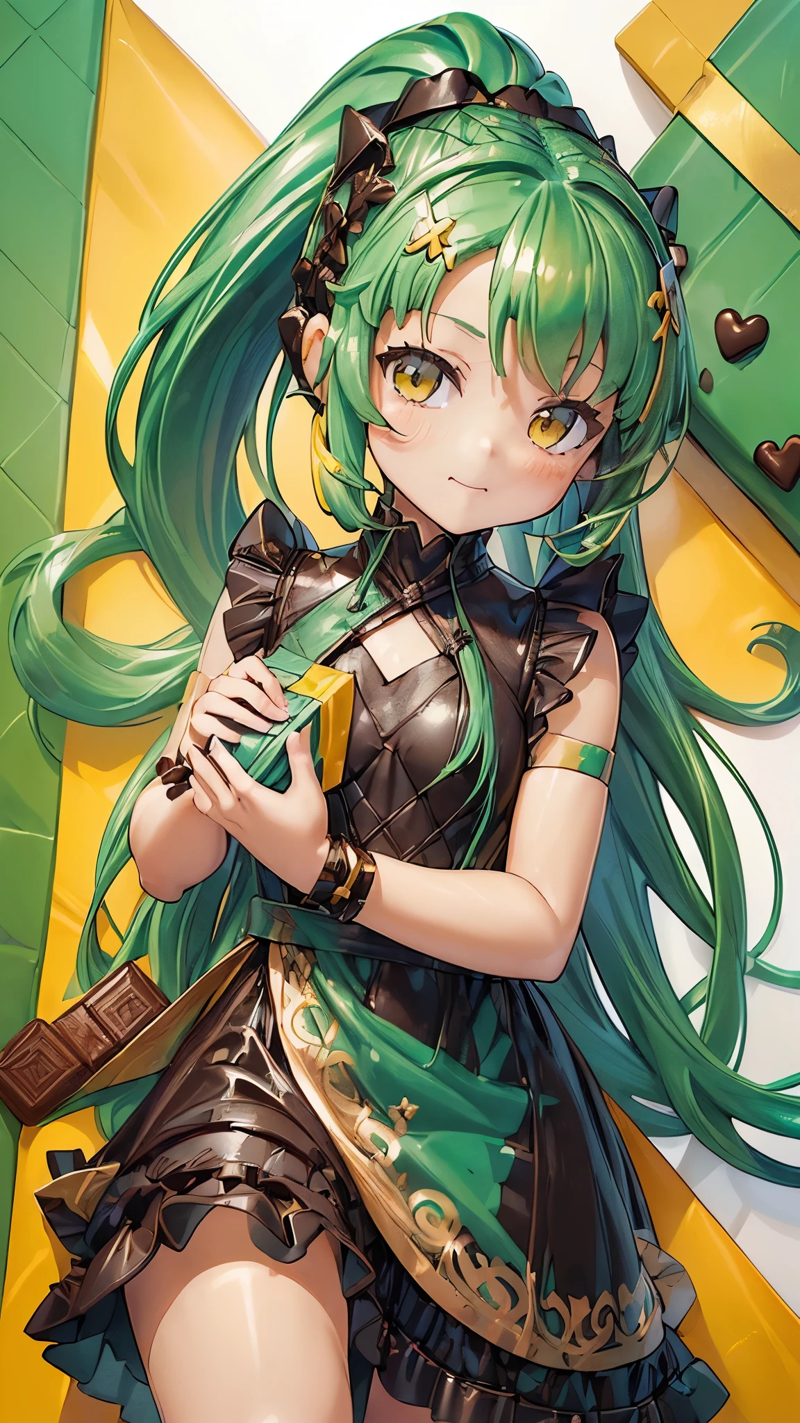 1girl, bright green hair, Long Disconnected Choppy Bob hair, yellow eyes, masterpiece, best illustration, best manga, cute, smile