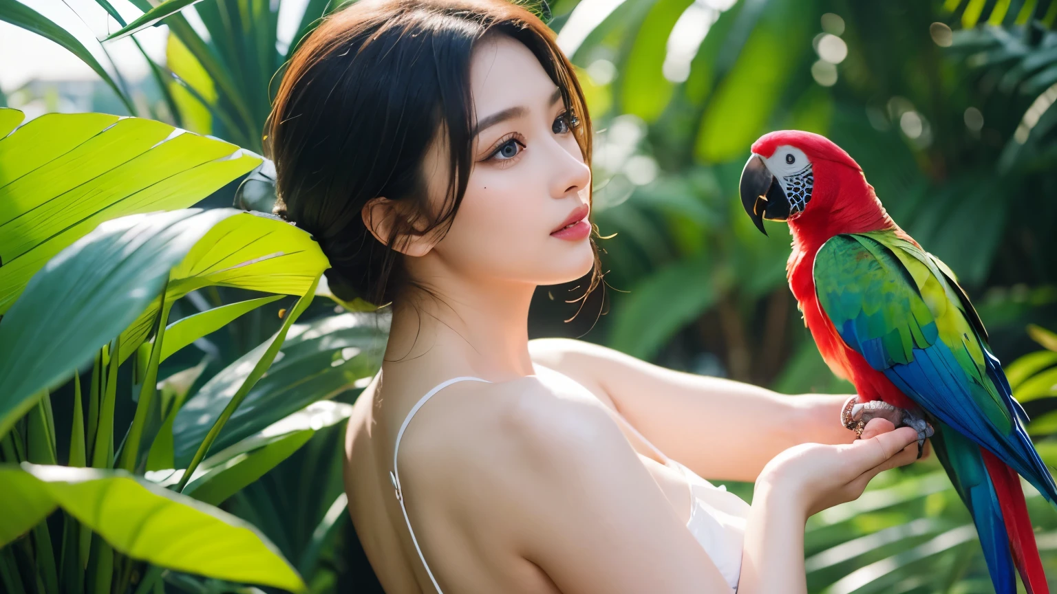 A beautiful and sexy girl hold a beautiful and colorful parrot on hand in the natural background, medium shot view
