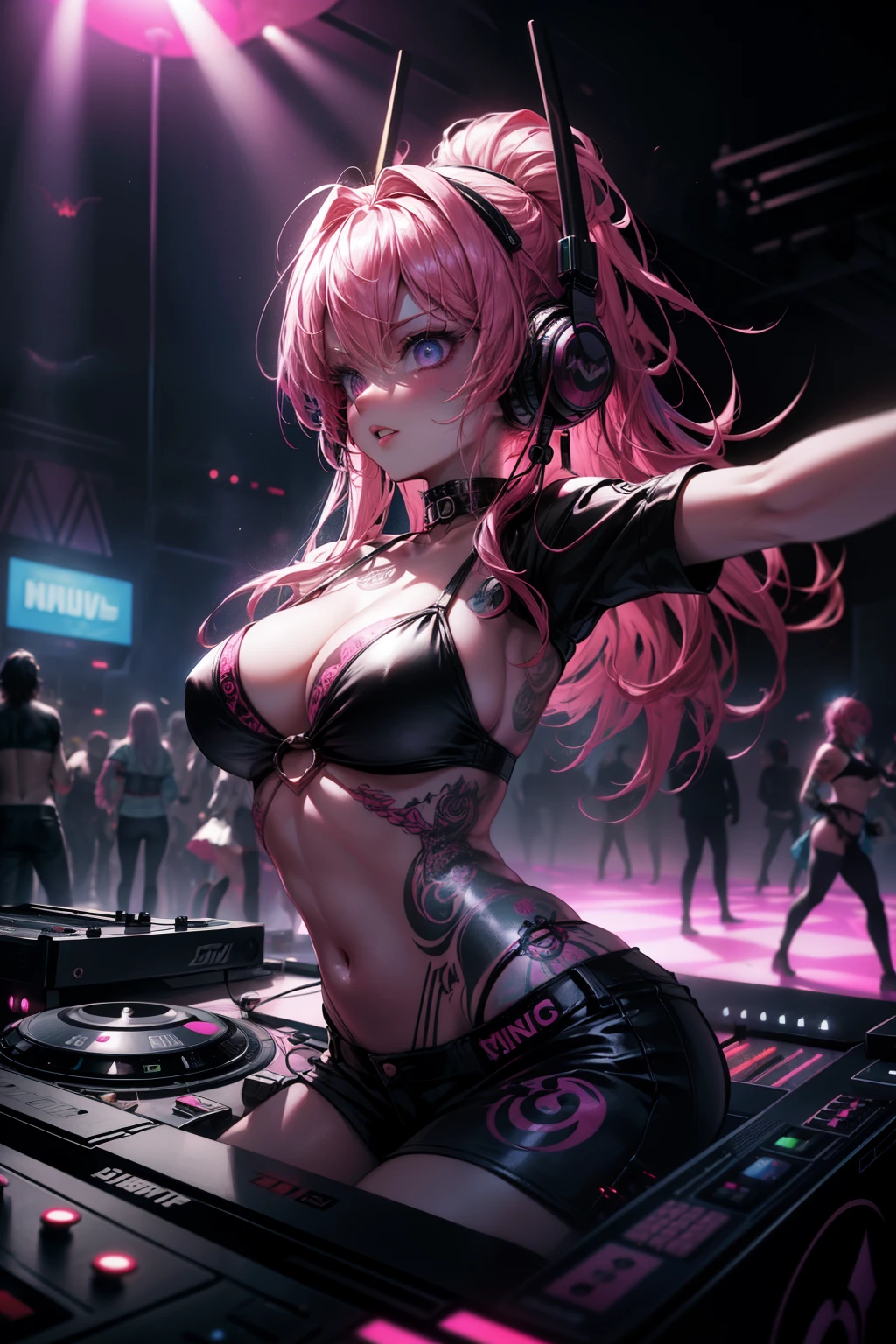 Upper body, Female DJ, Vampires,Wear a bikini,Tattooed with,Pink hair, Quirky, Vibrant appearance, Playful accessories, Bright colors,Creative behavior, Rambled, Sensual, Spontaneous, DJ headphones, Mixing Console, Music Clubs, night club, Independent cinema, People dancing on dance floor background, Underground danceclub, Highest quality, Skin texture, Intricate details, (Cinematic lighting), RAW photo, 8K,Psychedelic surrealist art,Surrealist psychedelic design,dream art style,Illusion psychedelic art, Colorful dark vectors,