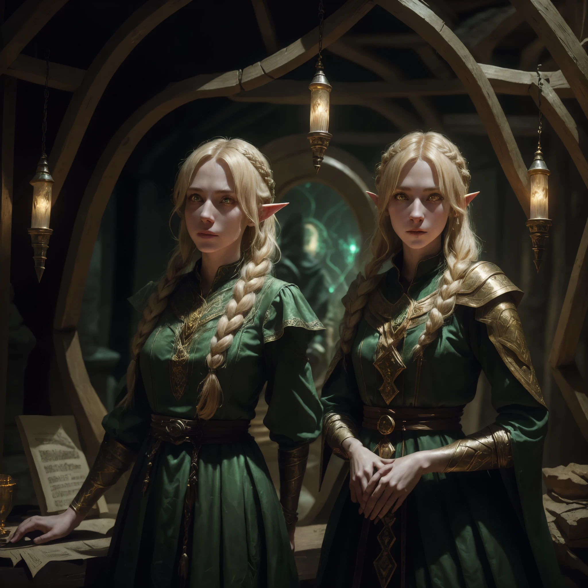 A woman blond tall elf bard wearing a long dark green and gold dress in a mid-evil tavern playing lute and singing, long braid, glowing eyes, amber eyes, high detail, Suprematism, cinematic lighting, glowing light, Wide-Angle, masterpiece, accurate, anatomically correct, textured skin, super detail, highres, award winning