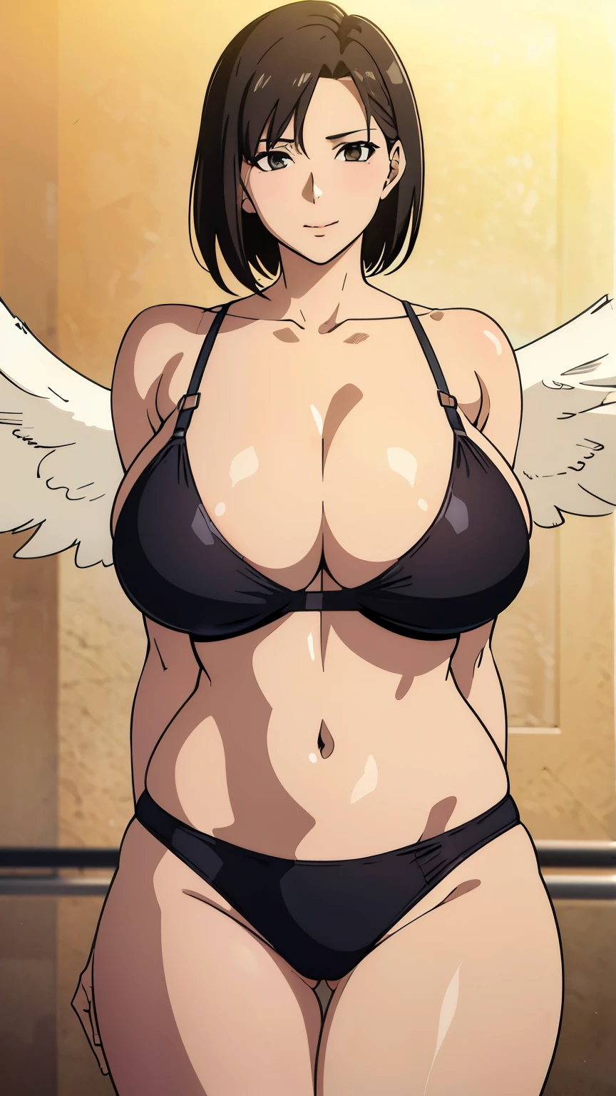 ((Best Quality)) ,((Masterpiece)),((UltraHighResolution)),((photographrealistic:1.5)), ((Raw photo)),(8K), (cowboy shot), (1 japanese middle-aged woman),((a photo of middle-aged woman 43)), (gigantic breasts:1.4),(beige bra), (beige panties), (showing armpits), (black hair), (short hair), ((angel smile)), ((very sexy)), ((Very beautiful)), gym, mammasize, curvy body,