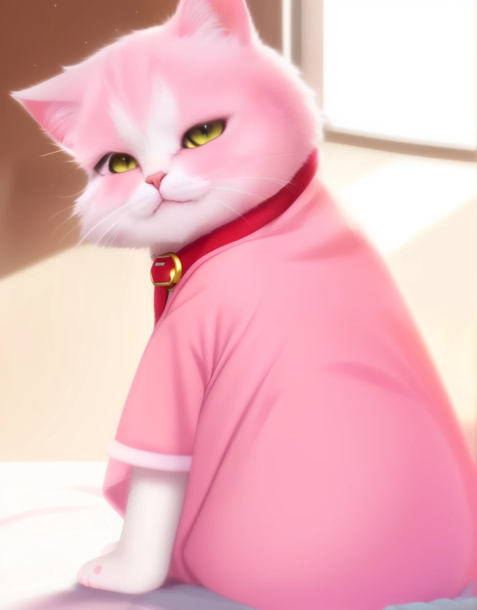 there is a cat that is sitting on a bed with a pink blanket, realistic anime cat, anime cat, anime visual of a cute cat, has a very realistic look to it, very beautiful cute catgirl, white cat in a pink dress, adorable digital painting, kawaii cat, very realistic looking, a cute cat, very very very realistic, realistic art style