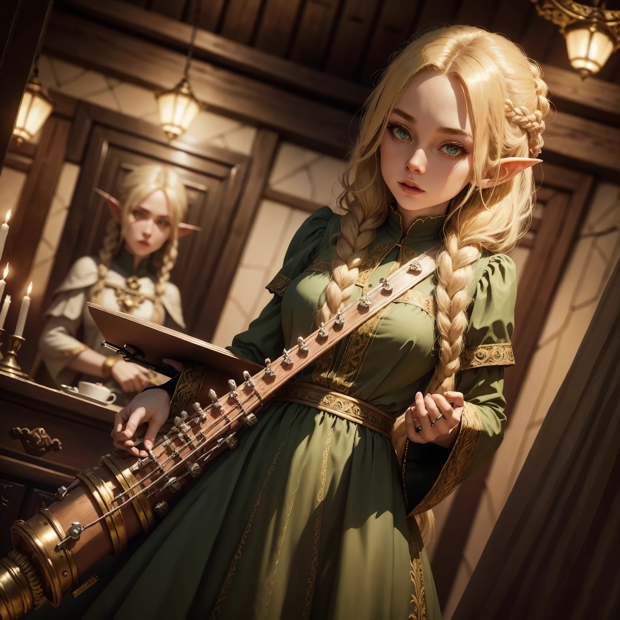 A woman blond tall elf bard wearing a long dark green and gold dress in a mid-evil tavern playing lute and singing, long braid, glowing eyes, amber eyes, high detail, Suprematism, cinematic lighting, glowing light, Wide-Angle, masterpiece, ccurate, anatomically correct, textured skin, super detail, highres, award winning